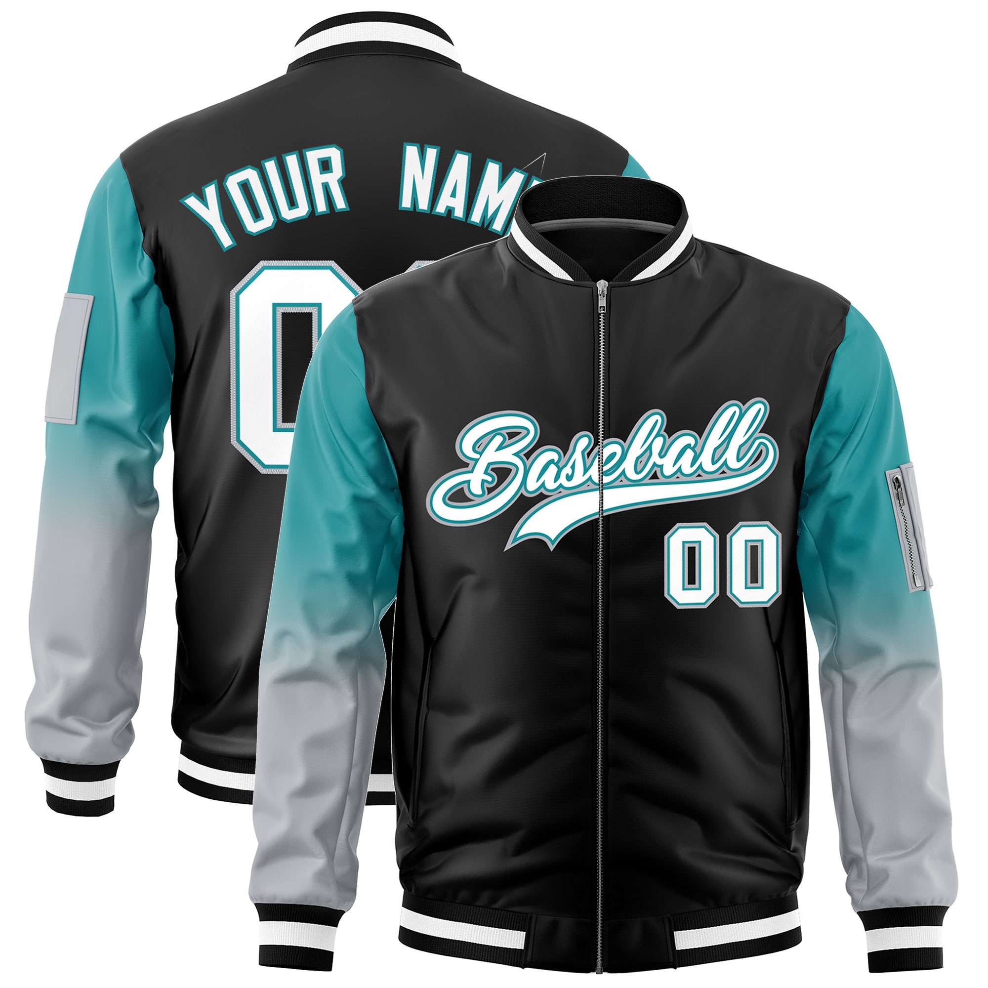 Custom Black Aqua-Silver Gaglan Sleeve Gradient Varsity Full-Zip Letterman Bomber Jacket