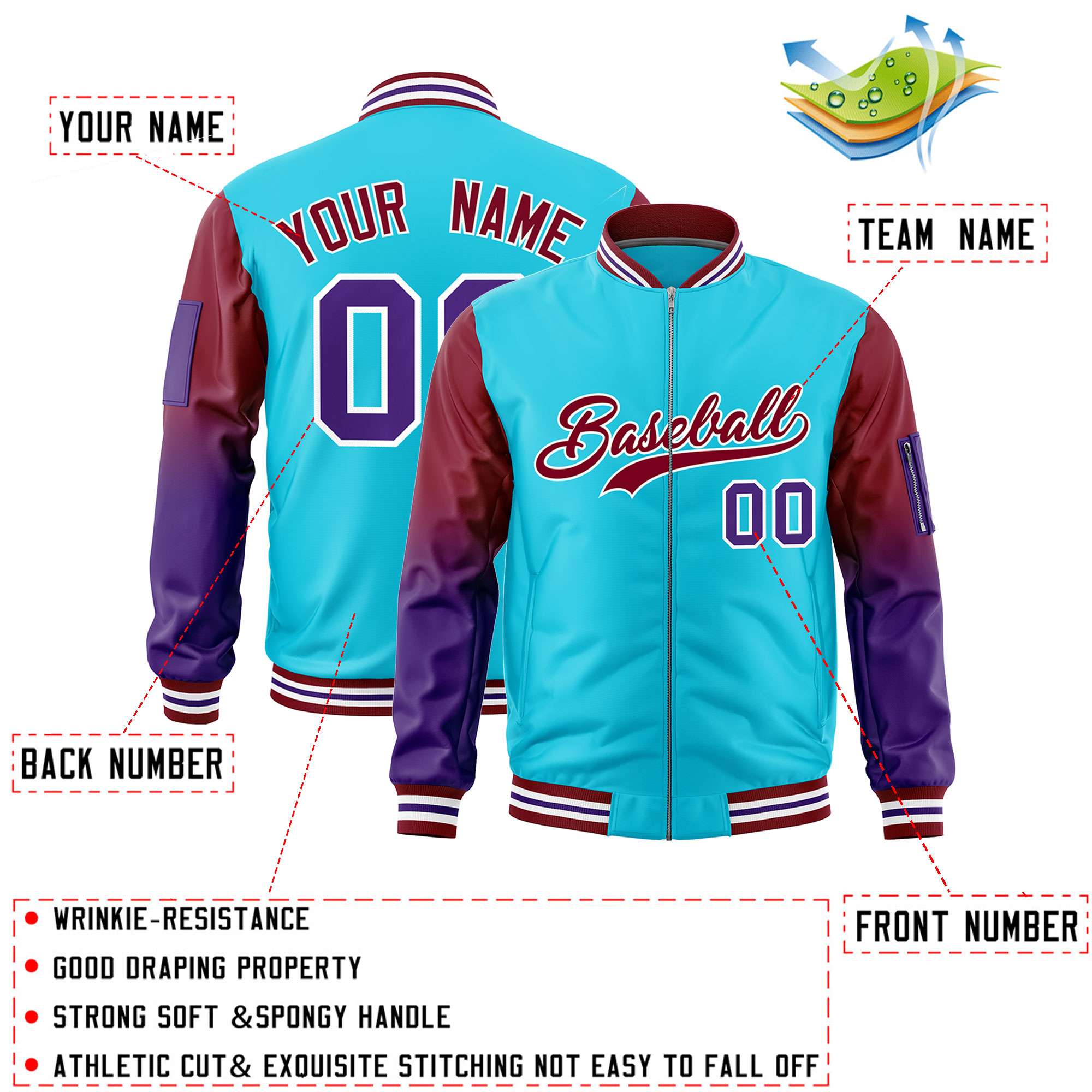 Custom Sky Blue Crimson-Purple Gaglan Sleeve Gradient Varsity Full-Zip Letterman Bomber Jacket