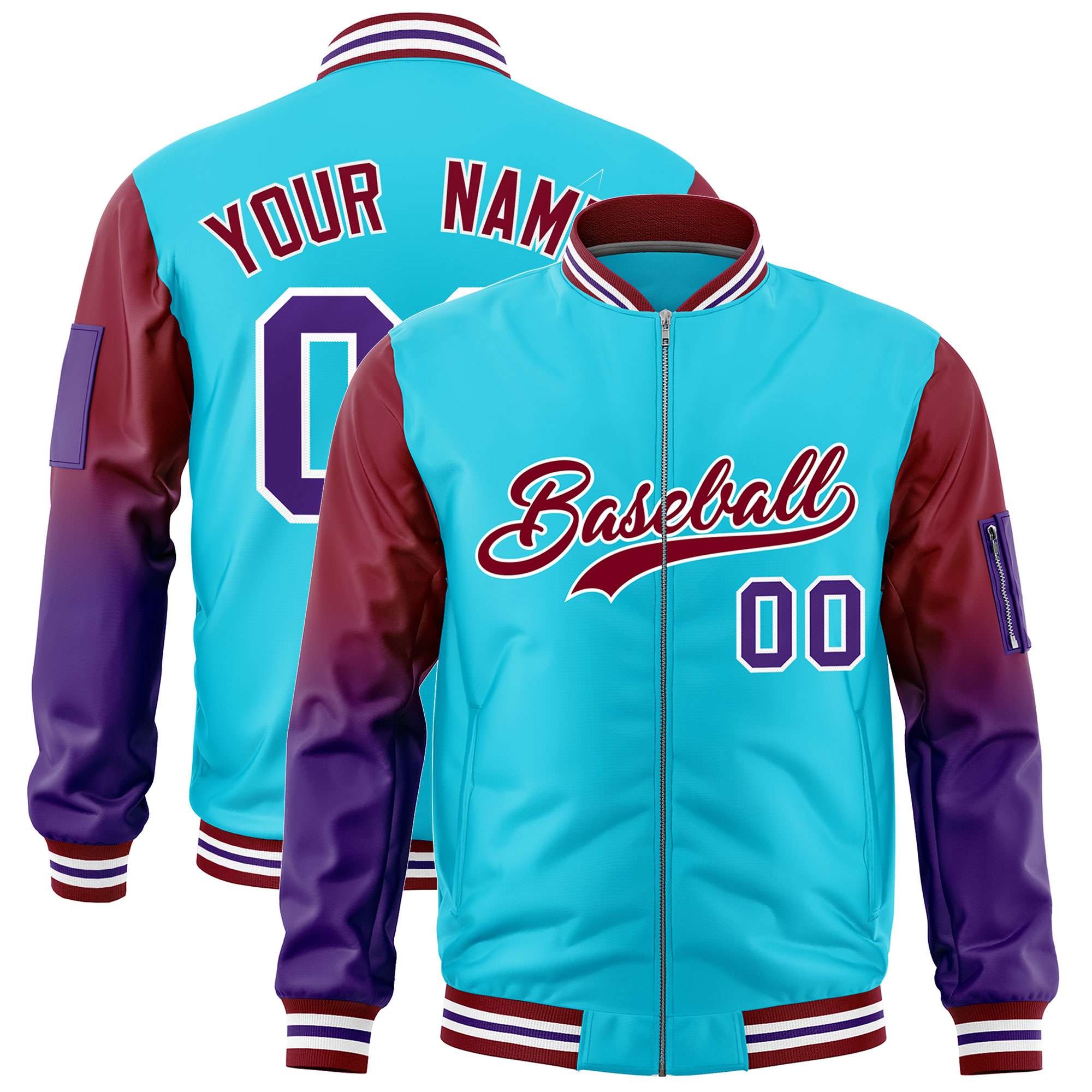 Custom Sky Blue Crimson-Purple Gaglan Sleeve Gradient Varsity Full-Zip Letterman Bomber Jacket