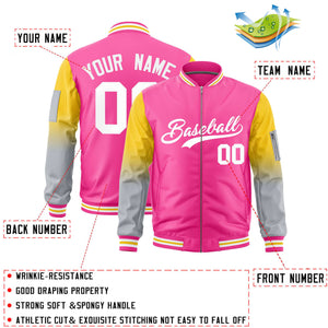 Custom Pink Gold-Silver Gaglan Sleeve Gradient Varsity Full-Zip Letterman Bomber Jacket