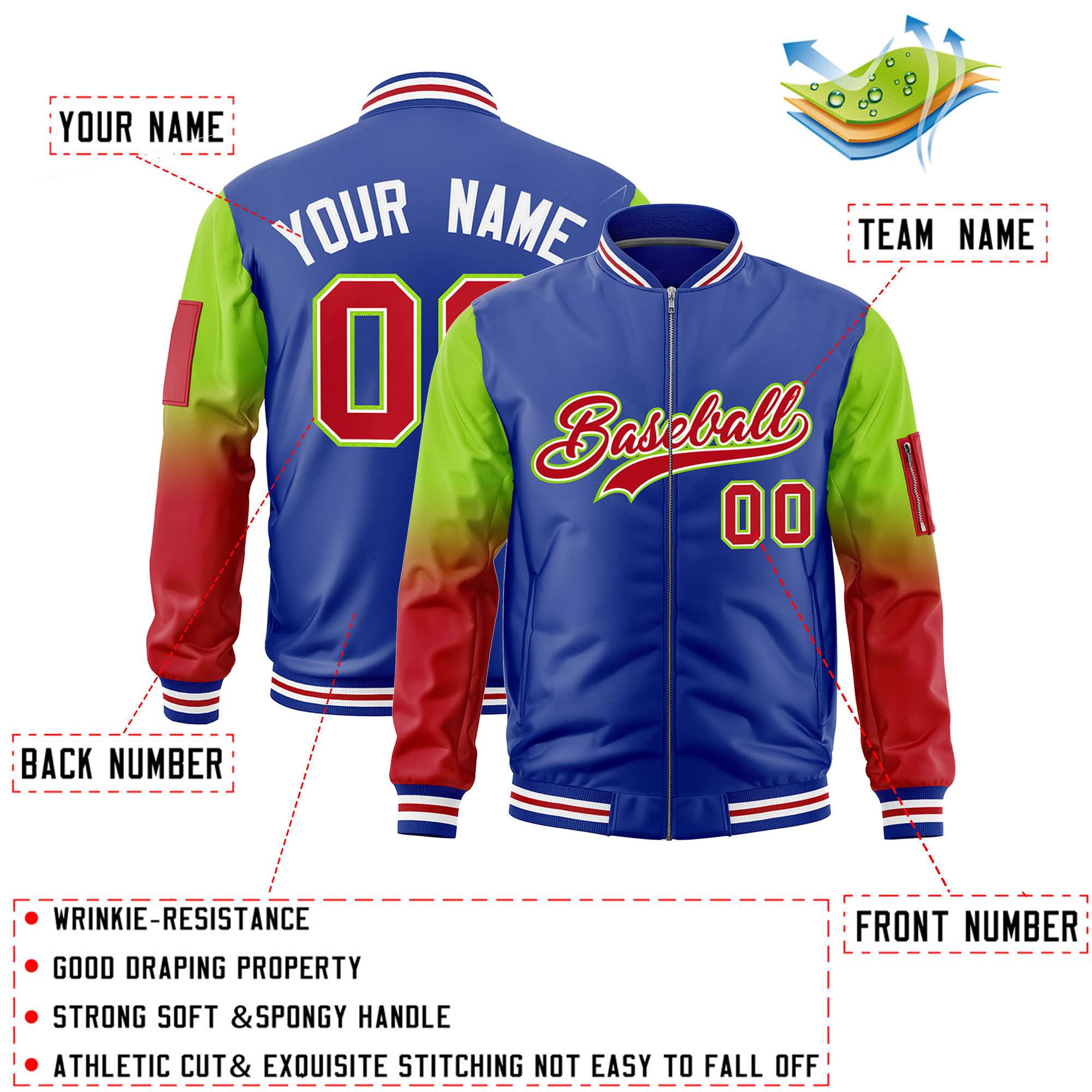 Custom Royal Neon Green-Red Gaglan Sleeve Gradient Varsity Full-Zip Letterman Bomber Jacket