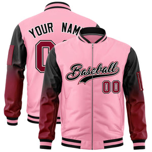 Custom Light Pink Black-Crimson Gaglan Sleeve Gradient Varsity Full-Zip Letterman Bomber Jacket