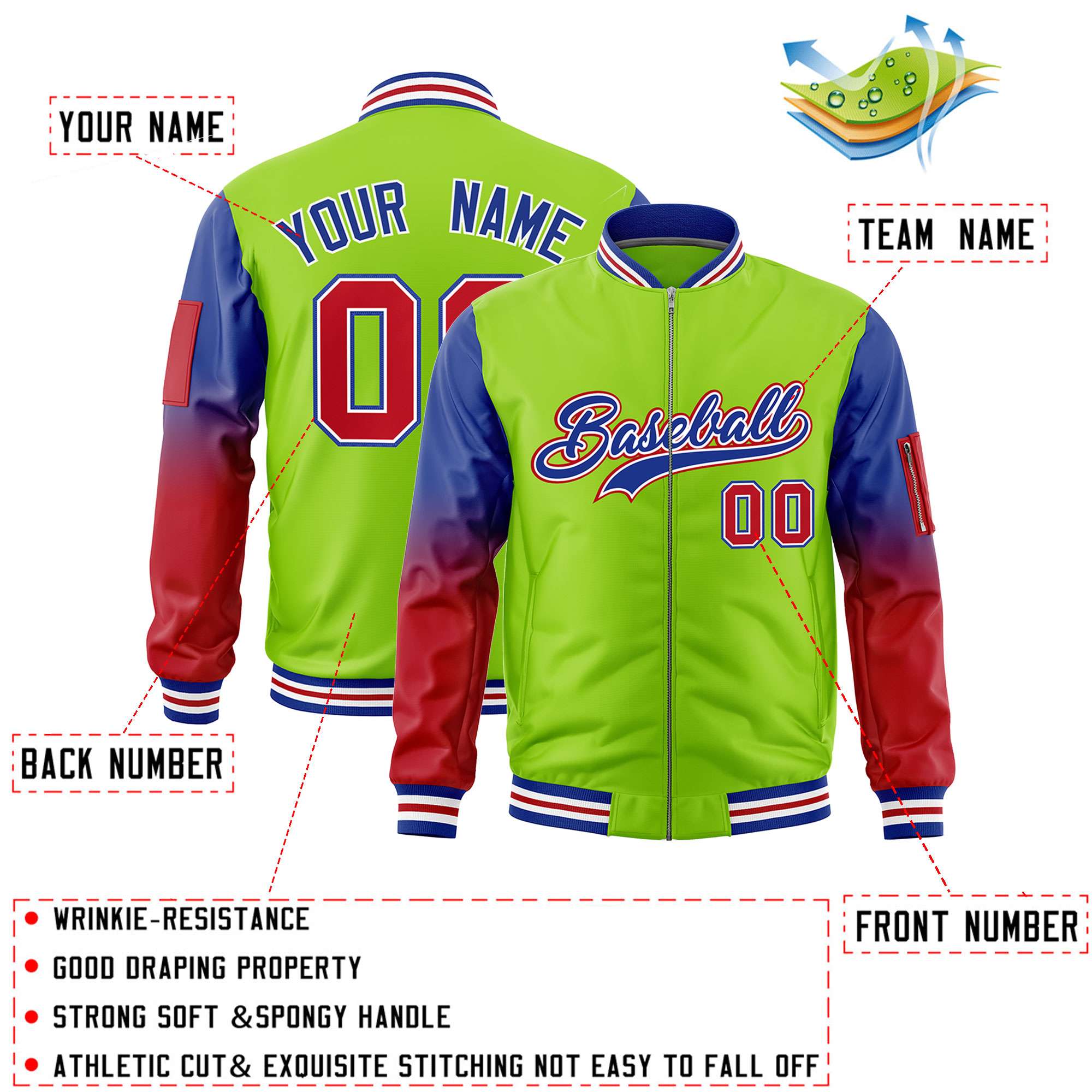 Custom Neon Green Royal-Red Gaglan Sleeve Gradient Varsity Full-Zip Letterman Bomber Jacket