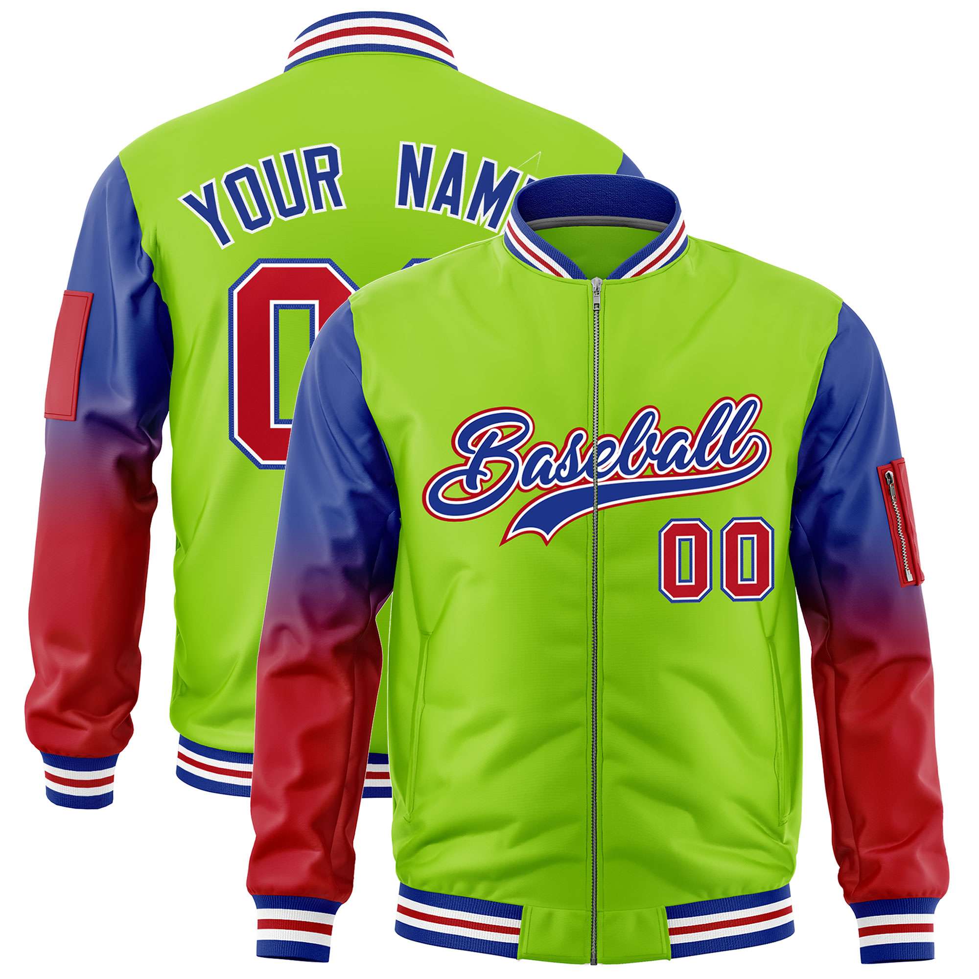 Custom Neon Green Royal-Red Gaglan Sleeve Gradient Varsity Full-Zip Letterman Bomber Jacket