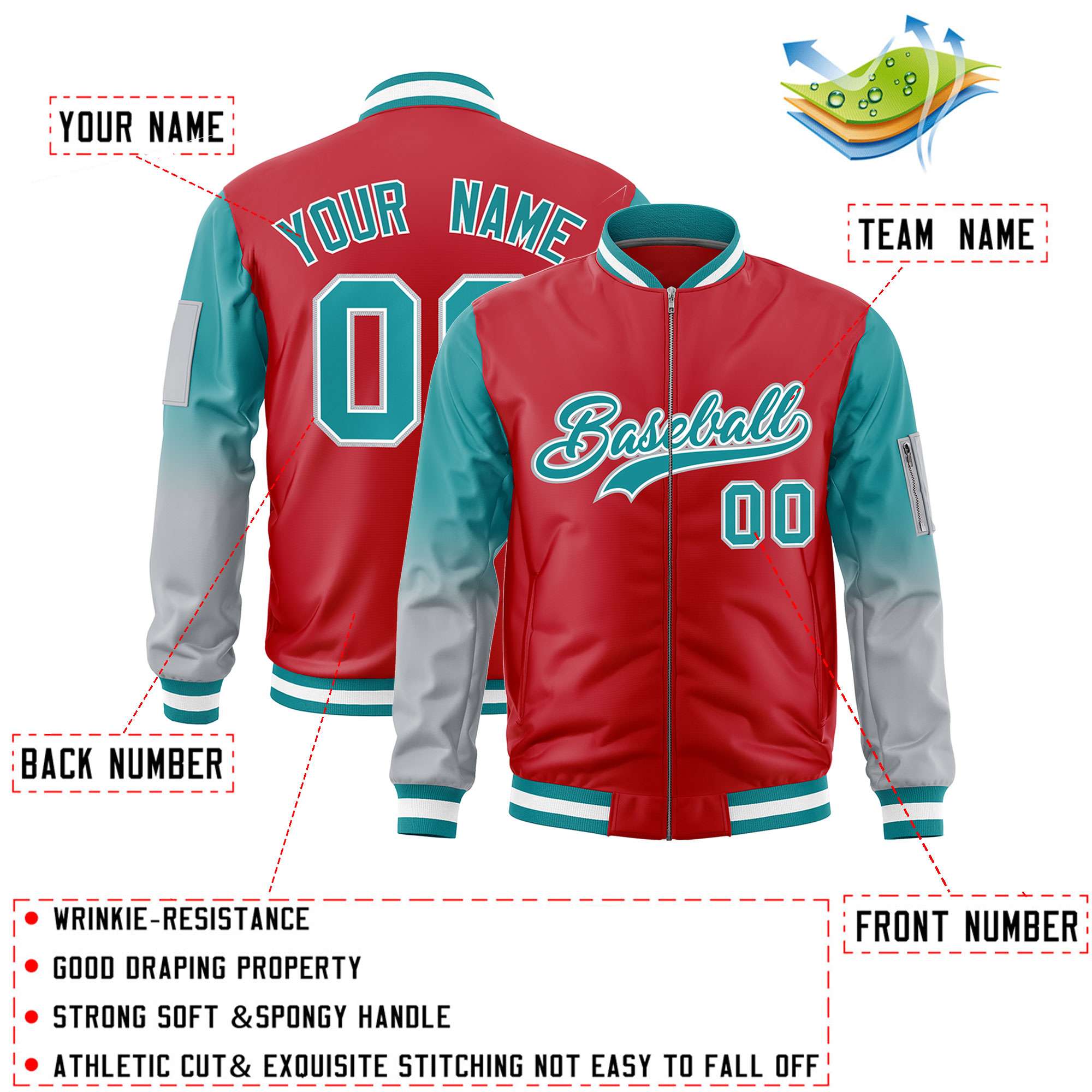 Custom Red Aqua-Silver Gaglan Sleeve Gradient Varsity Full-Zip Letterman Bomber Jacket