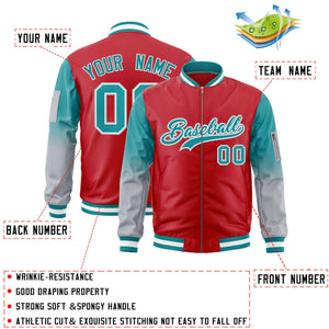 Custom Red Aqua-Silver Gaglan Sleeve Gradient Varsity Full-Zip Letterman Bomber Jacket