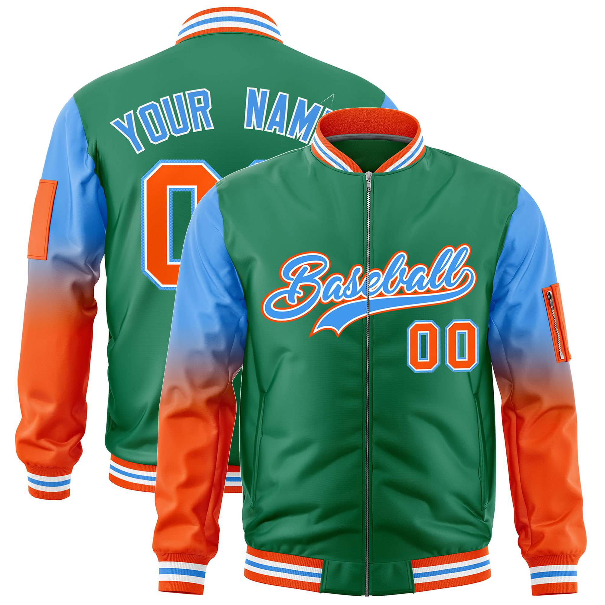 Custom Kelly Green Powder Blue-Orange Gaglan Sleeve Gradient Varsity Full-Zip Letterman Bomber Jacket