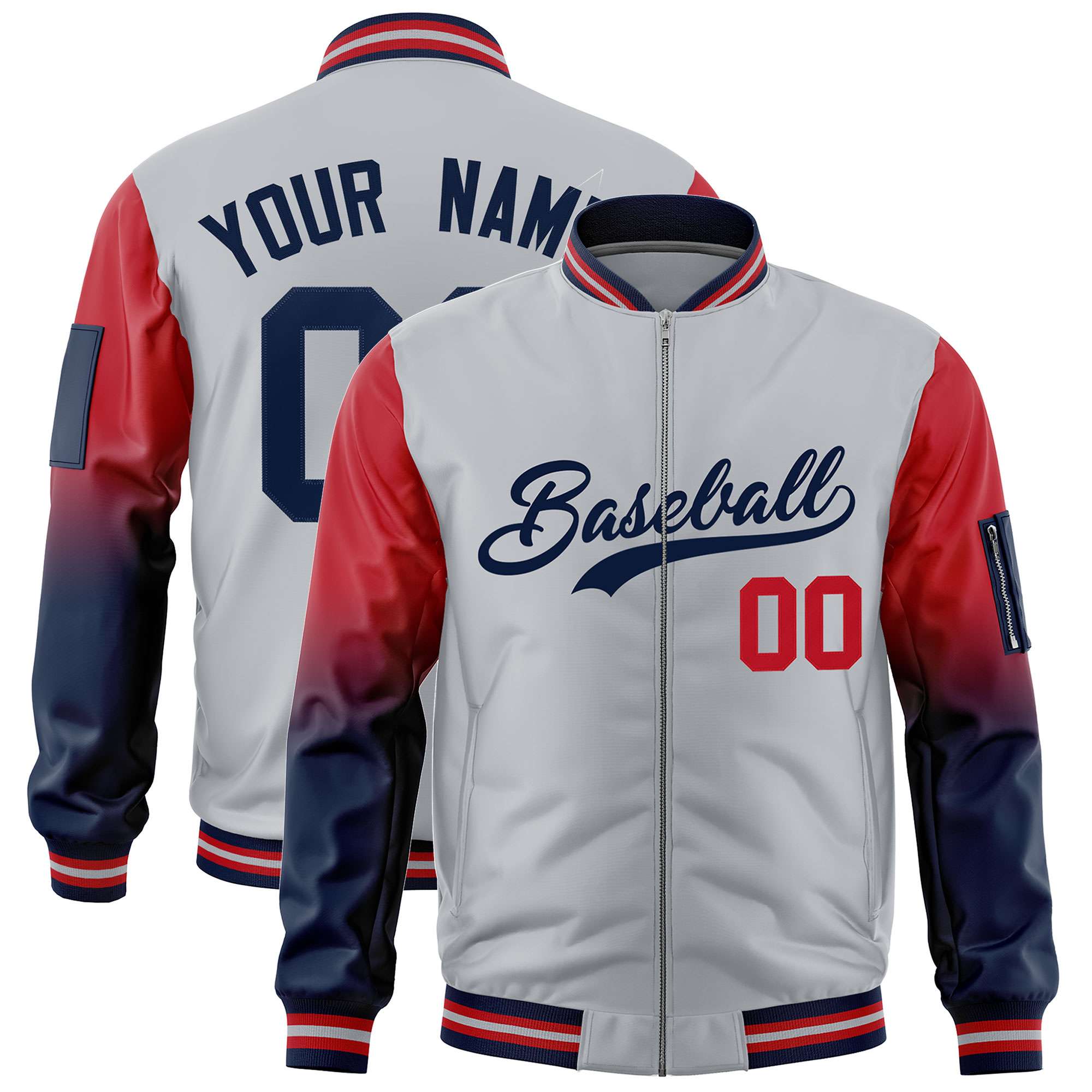 Custom Silver Red-Navy Gaglan Sleeve Gradient Varsity Full-Zip Letterman Bomber Jacket