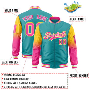 Custom Aqua Gold-Pink Gaglan Sleeve Gradient Varsity Full-Zip Letterman Bomber Jacket