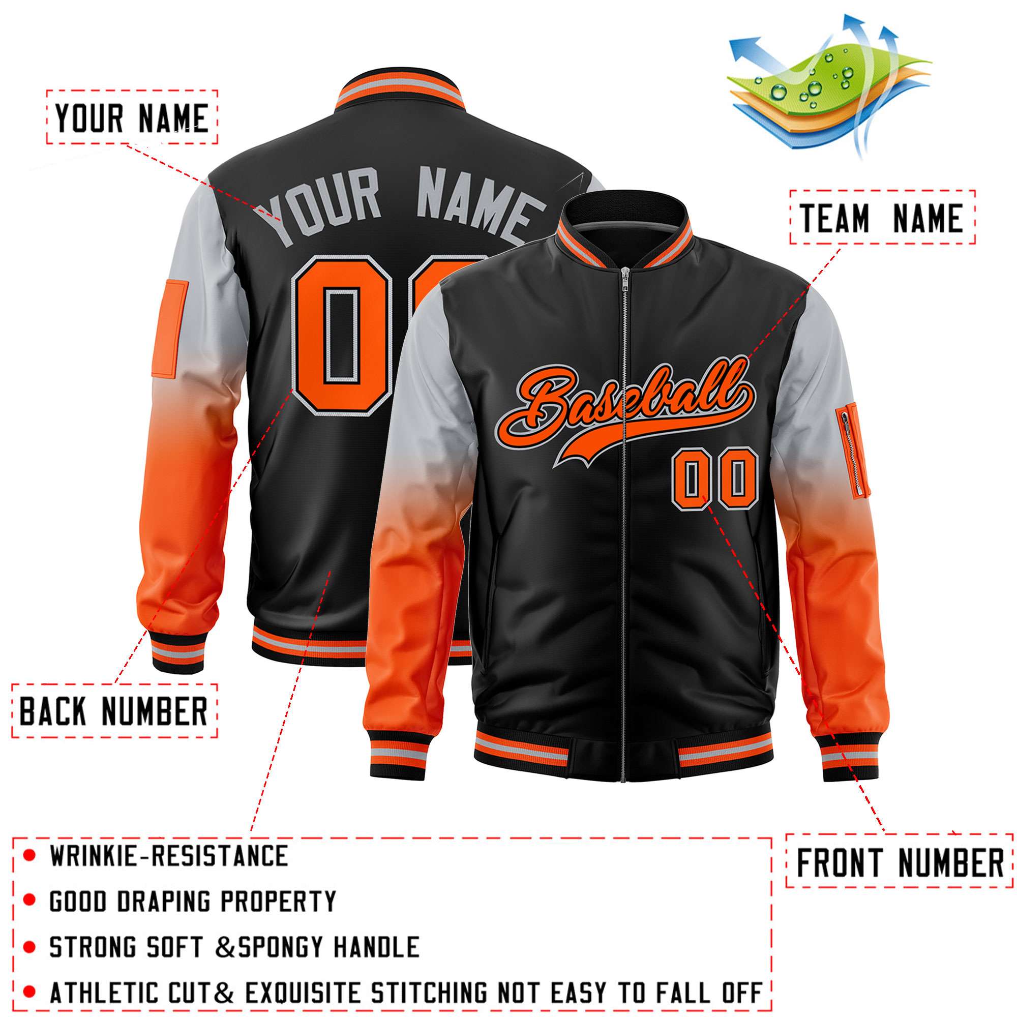 Custom Black Silver-Orange Gaglan Sleeve Gradient Varsity Full-Zip Letterman Bomber Jacket