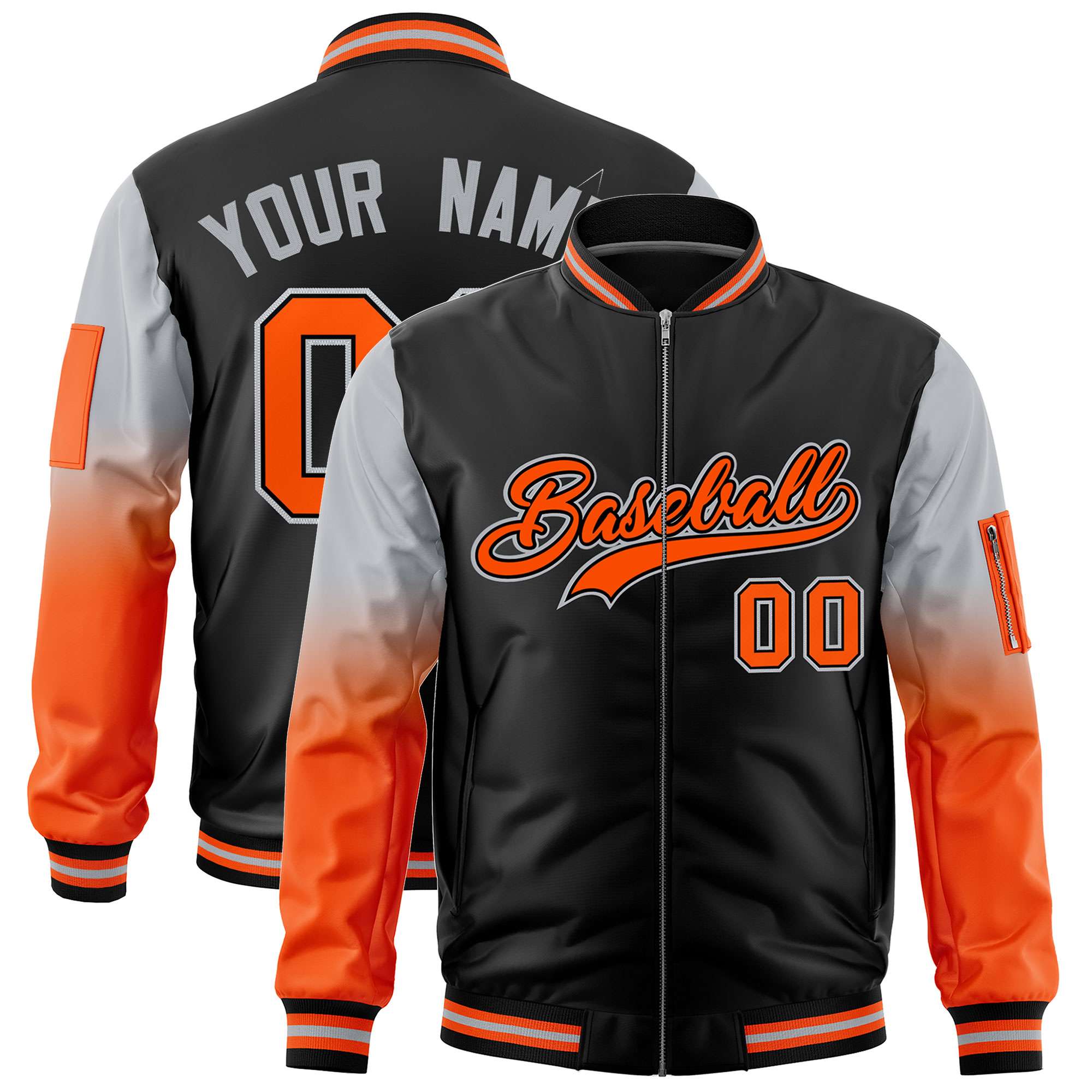 Custom Black Silver-Orange Gaglan Sleeve Gradient Varsity Full-Zip Letterman Bomber Jacket