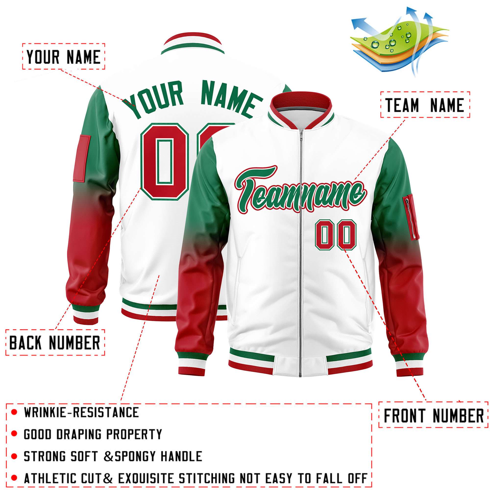 Custom White Kelly Green-Red Gaglan Sleeve Gradient Varsity Full-Zip Letterman Bomber Jacket