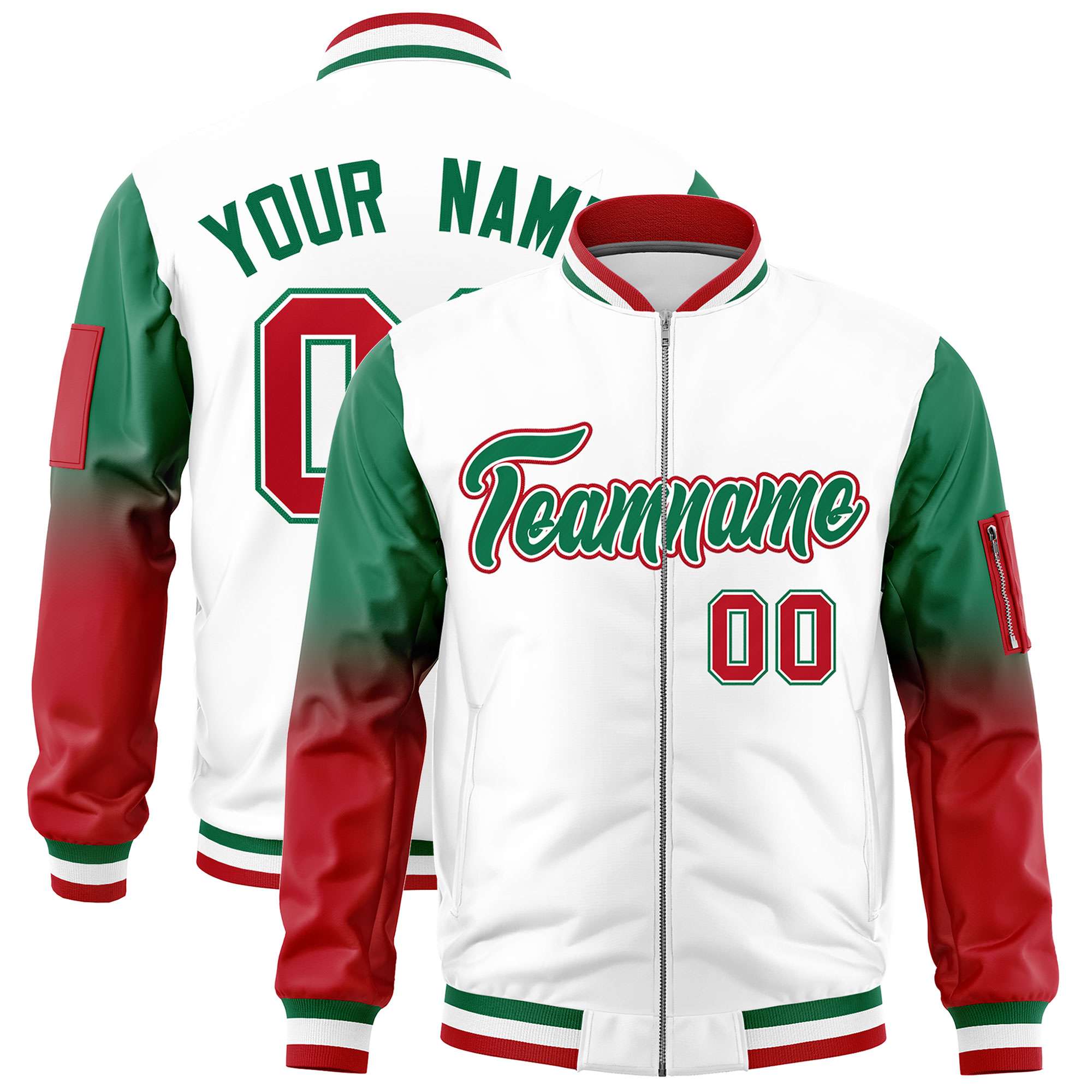 Custom White Kelly Green-Red Gaglan Sleeve Gradient Varsity Full-Zip Letterman Bomber Jacket