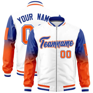 Custom White Royal-Orange Gaglan Sleeve Gradient Varsity Full-Zip Letterman Bomber Jacket