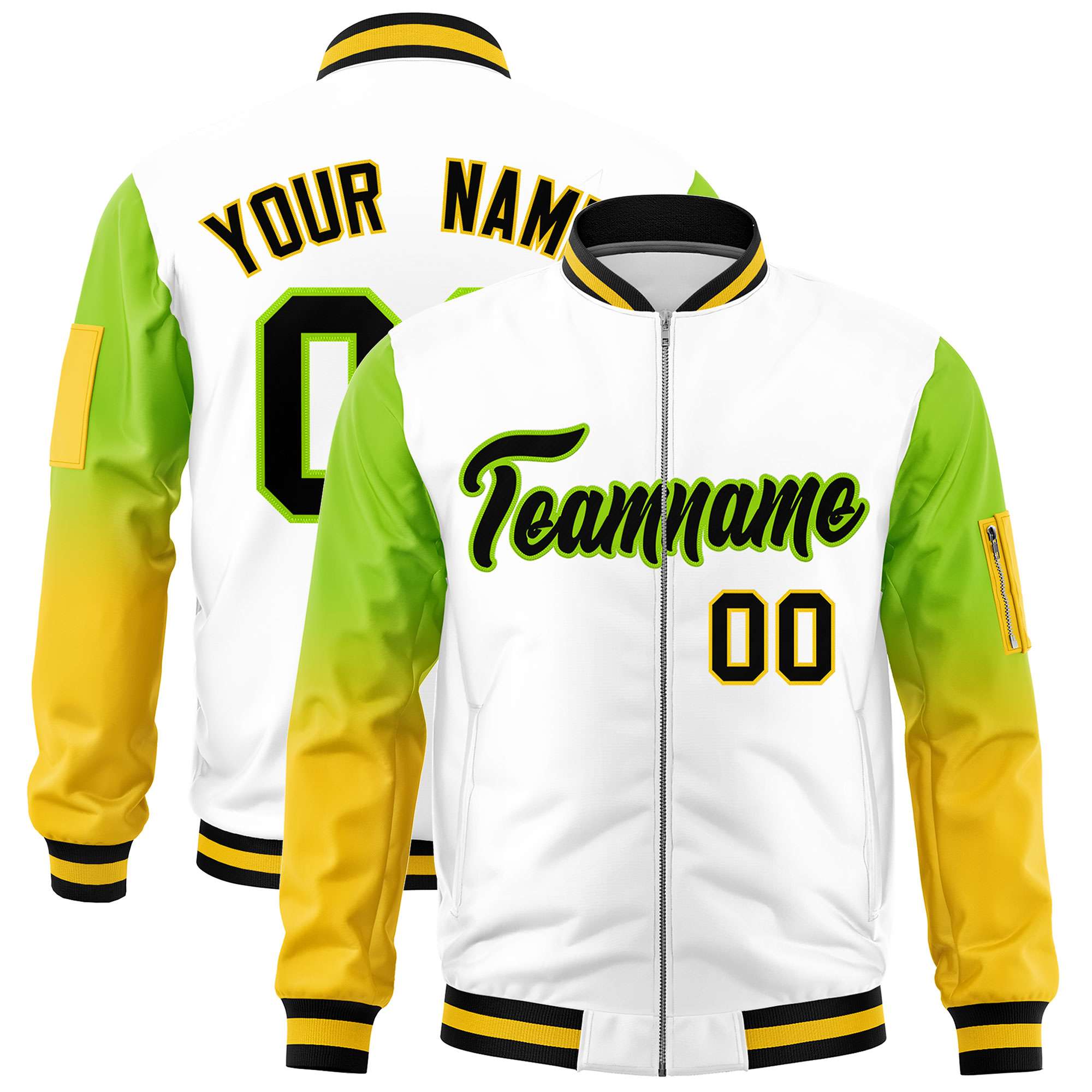 Custom White Neon Green-Gold Gaglan Sleeve Gradient Varsity Full-Zip Letterman Bomber Jacket