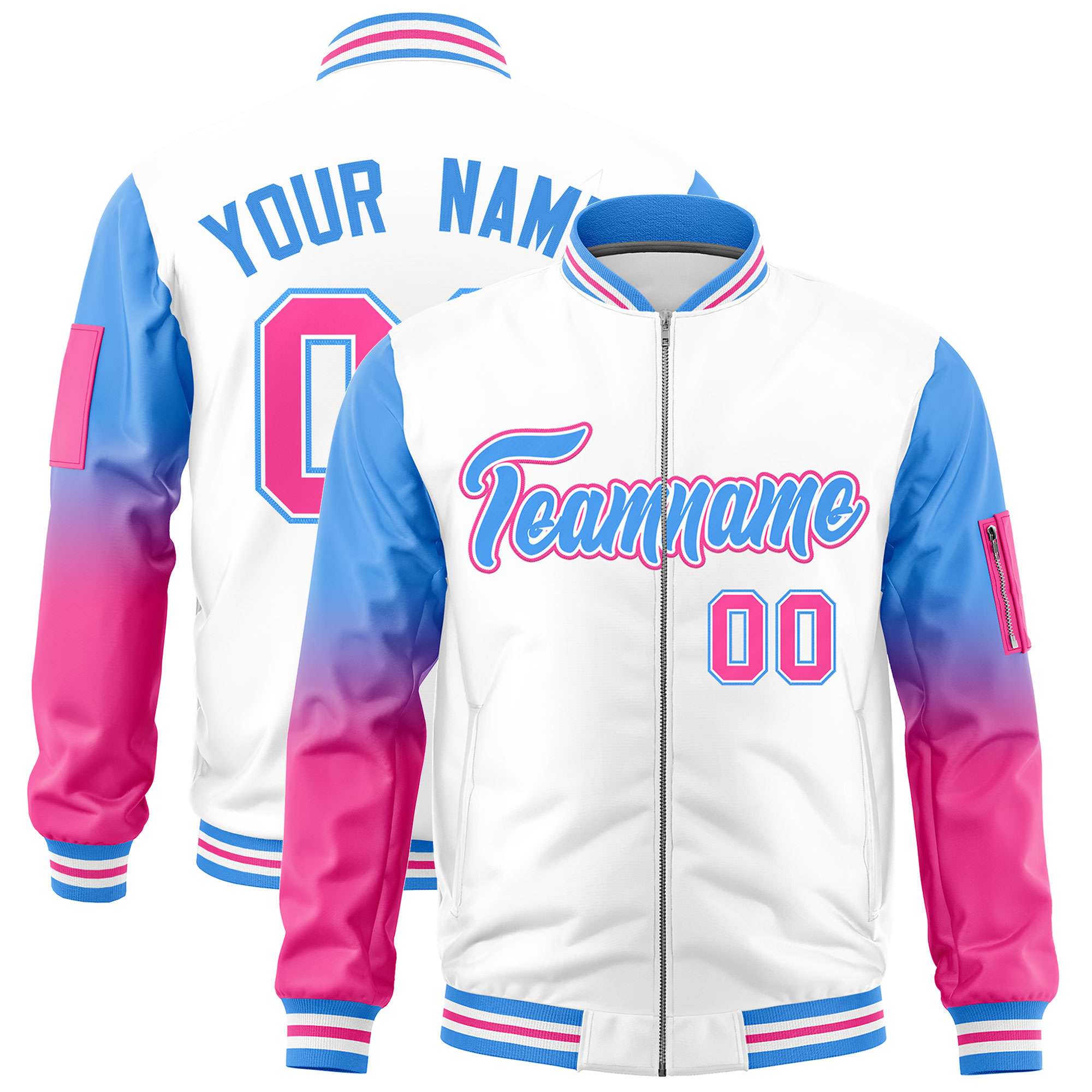 Custom White Powder Blue-Pink Gaglan Sleeve Gradient Varsity Full-Zip Letterman Bomber Jacket