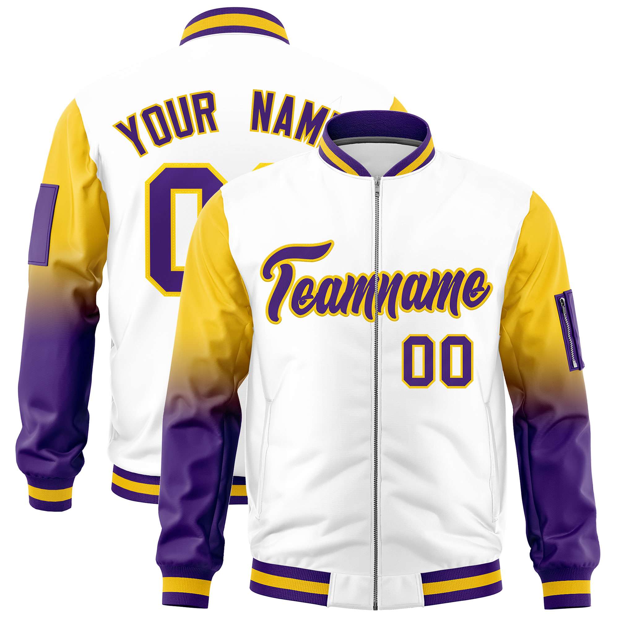 Custom White Gold-Purple Gaglan Sleeve Gradient Varsity Full-Zip Letterman Bomber Jacket