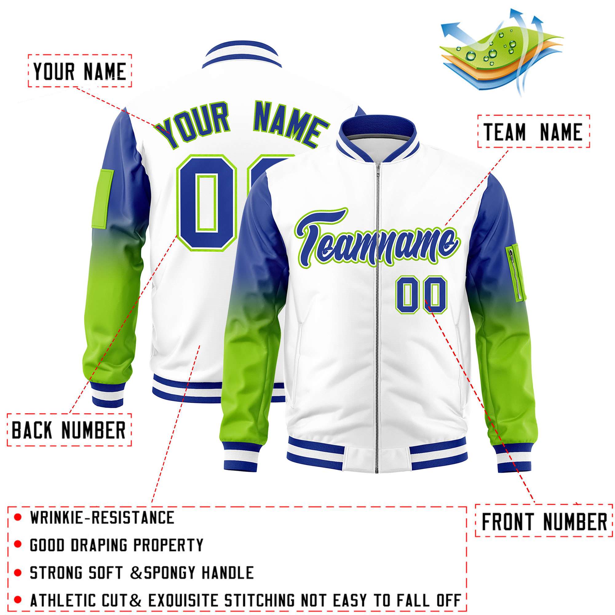 Custom White Royal-Neon Green Gaglan Sleeve Gradient Varsity Full-Zip Letterman Bomber Jacket