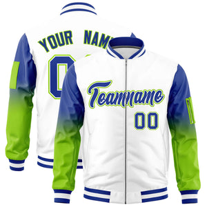 Custom White Royal-Neon Green Gaglan Sleeve Gradient Varsity Full-Zip Letterman Bomber Jacket