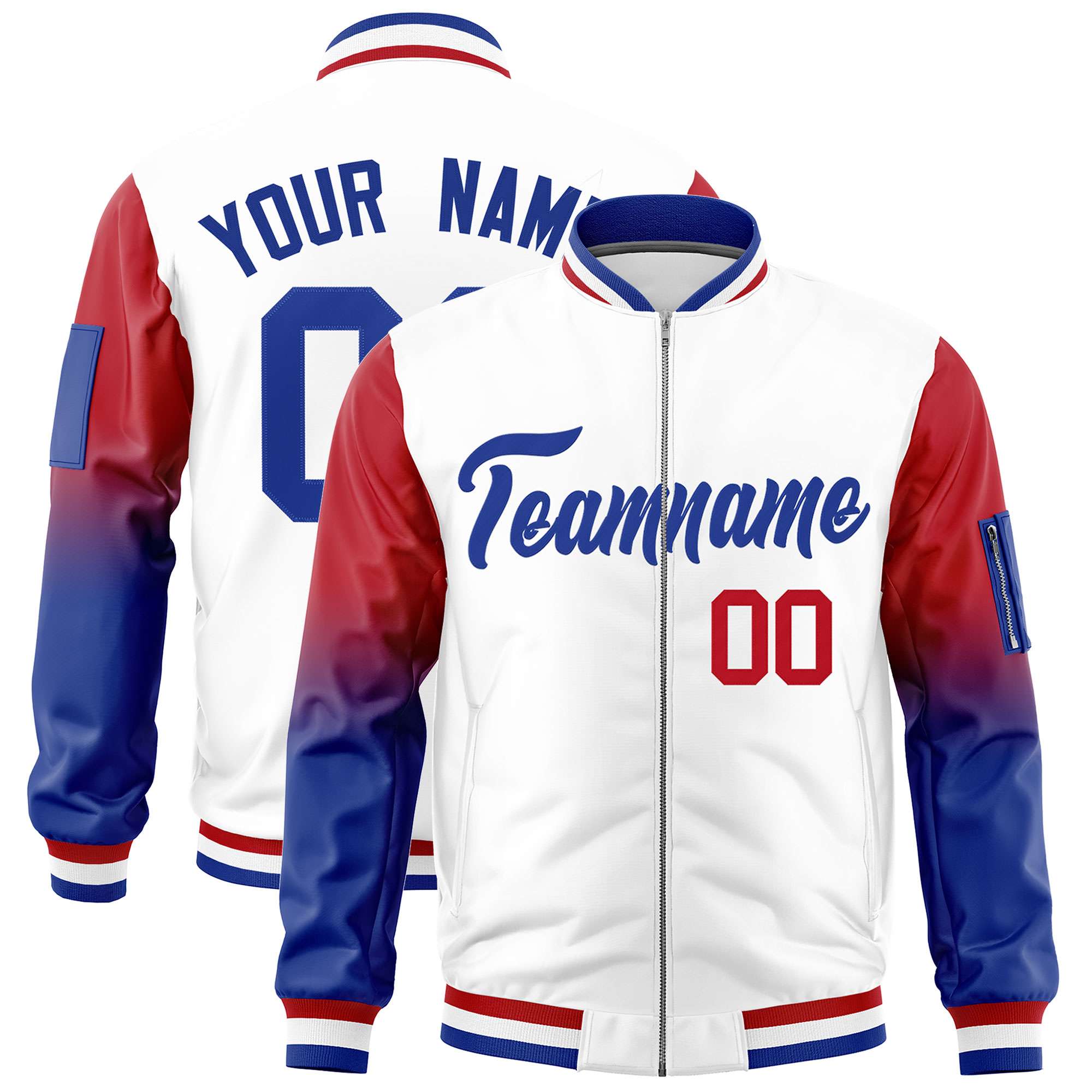 Custom White Red-Royal Gaglan Sleeve Gradient Varsity Full-Zip Letterman Bomber Jacket