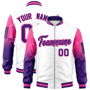 Custom White Pink-Purple Gaglan Sleeve Gradient Varsity Full-Zip Letterman Bomber Jacket