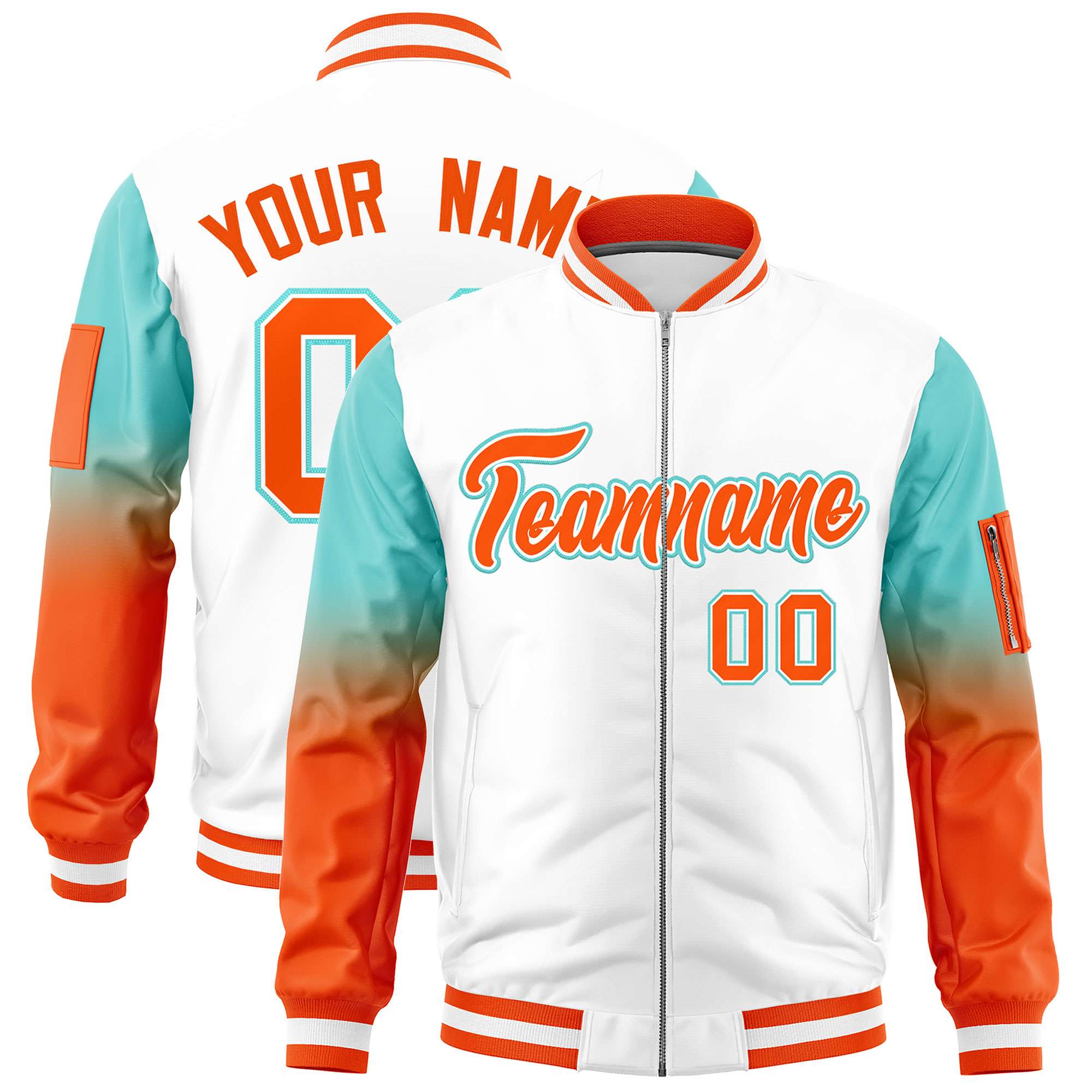 Custom White Bright Green-Orange Gaglan Sleeve Gradient Varsity Full-Zip Letterman Bomber Jacket