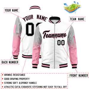 Custom White Silver-Light Pink Gaglan Sleeve Gradient Varsity Full-Zip Letterman Bomber Jacket