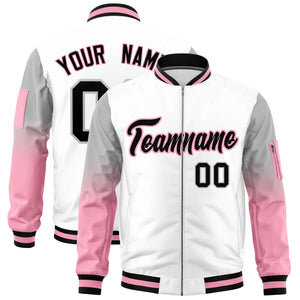 Custom White Silver-Light Pink Gaglan Sleeve Gradient Varsity Full-Zip Letterman Bomber Jacket