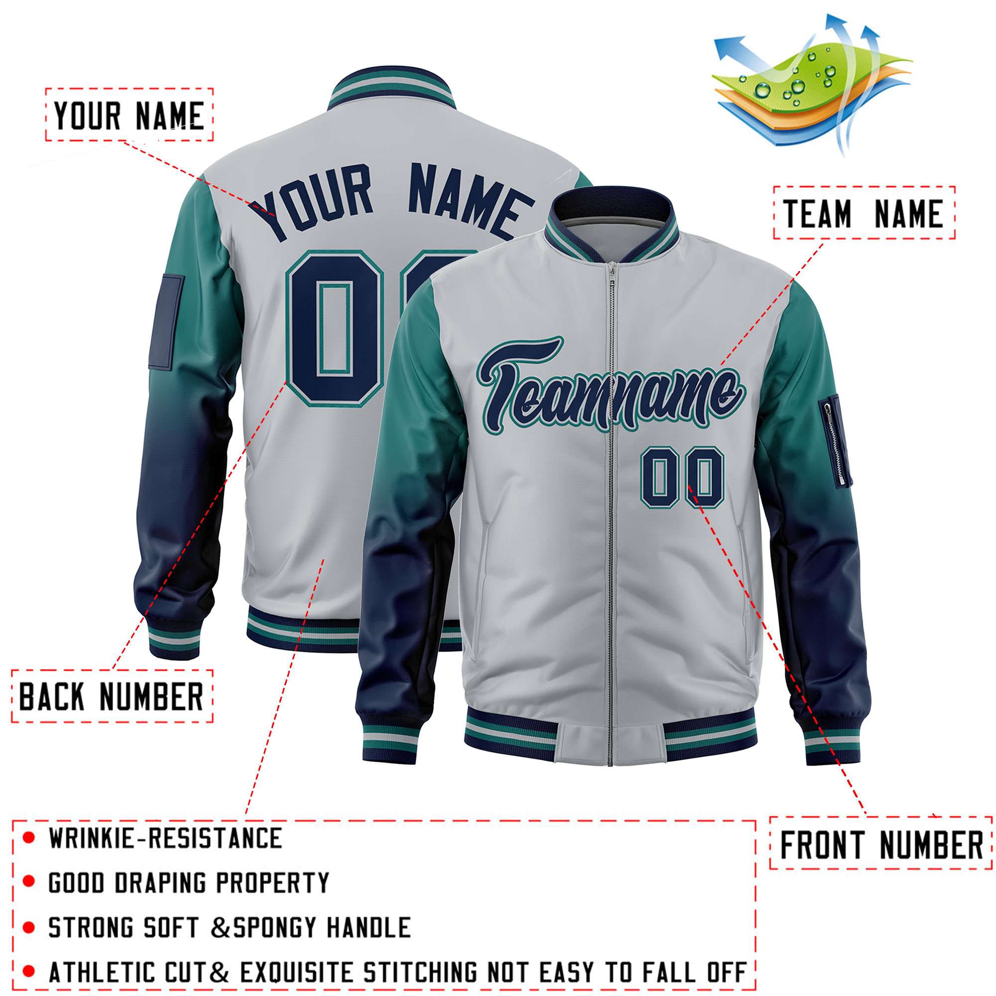 Custom Silver Aqua-Navy Gaglan Sleeve Gradient Varsity Full-Zip Letterman Bomber Jacket