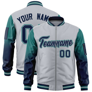 Custom Silver Aqua-Navy Gaglan Sleeve Gradient Varsity Full-Zip Letterman Bomber Jacket