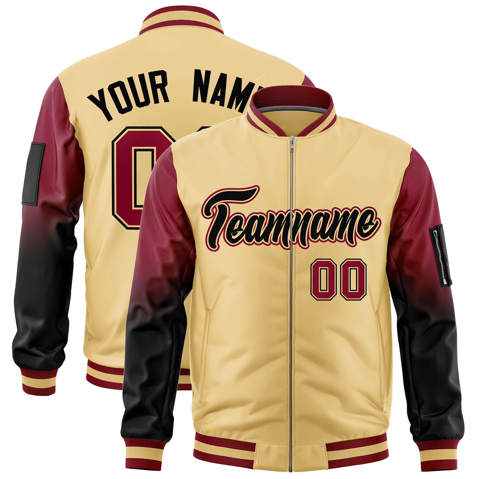 Custom Khaki Crimson-Black Gaglan Sleeve Gradient Varsity Full-Zip Letterman Bomber Jacket