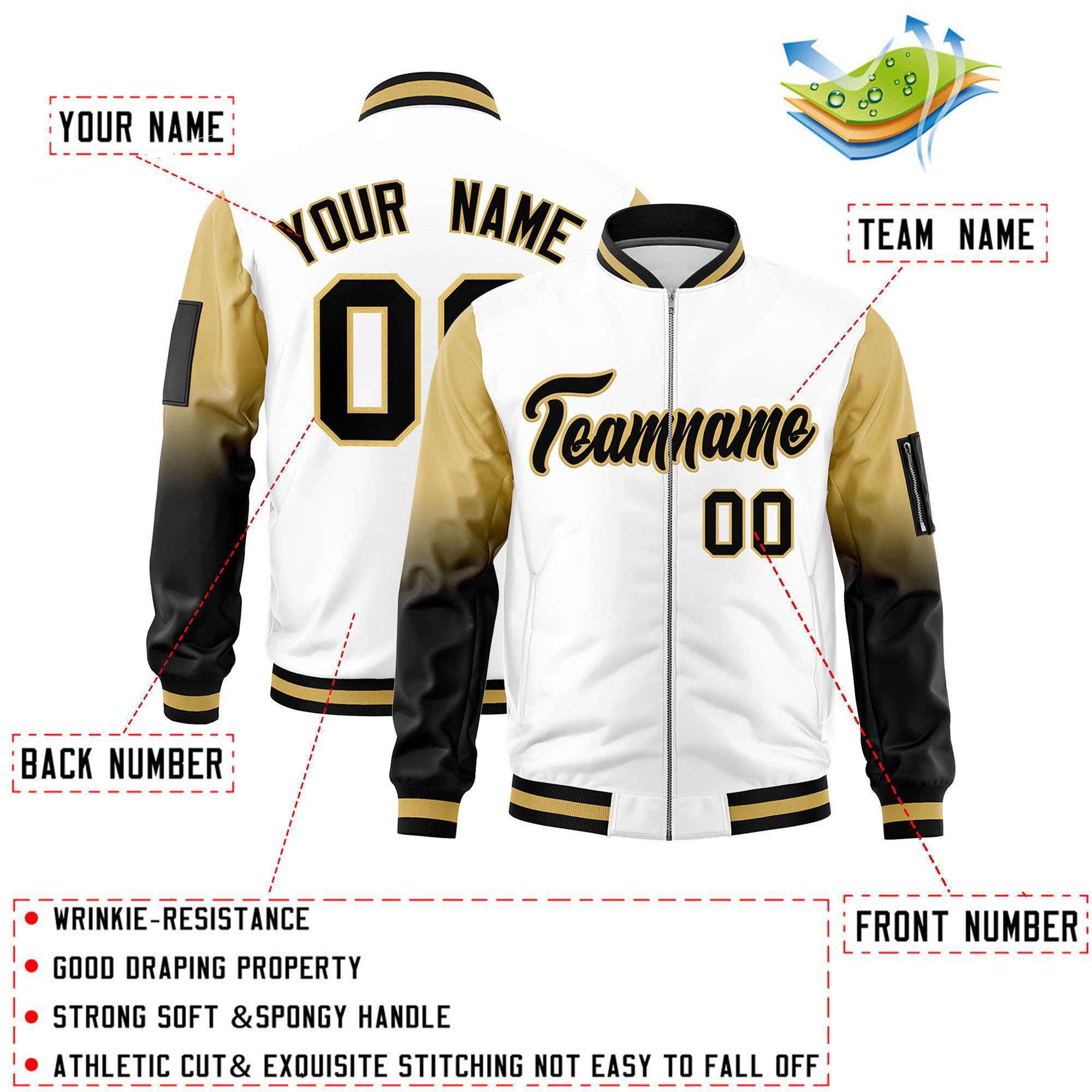 Custom White Old Gold-Black Gaglan Sleeve Gradient Varsity Full-Zip Letterman Bomber Jacket