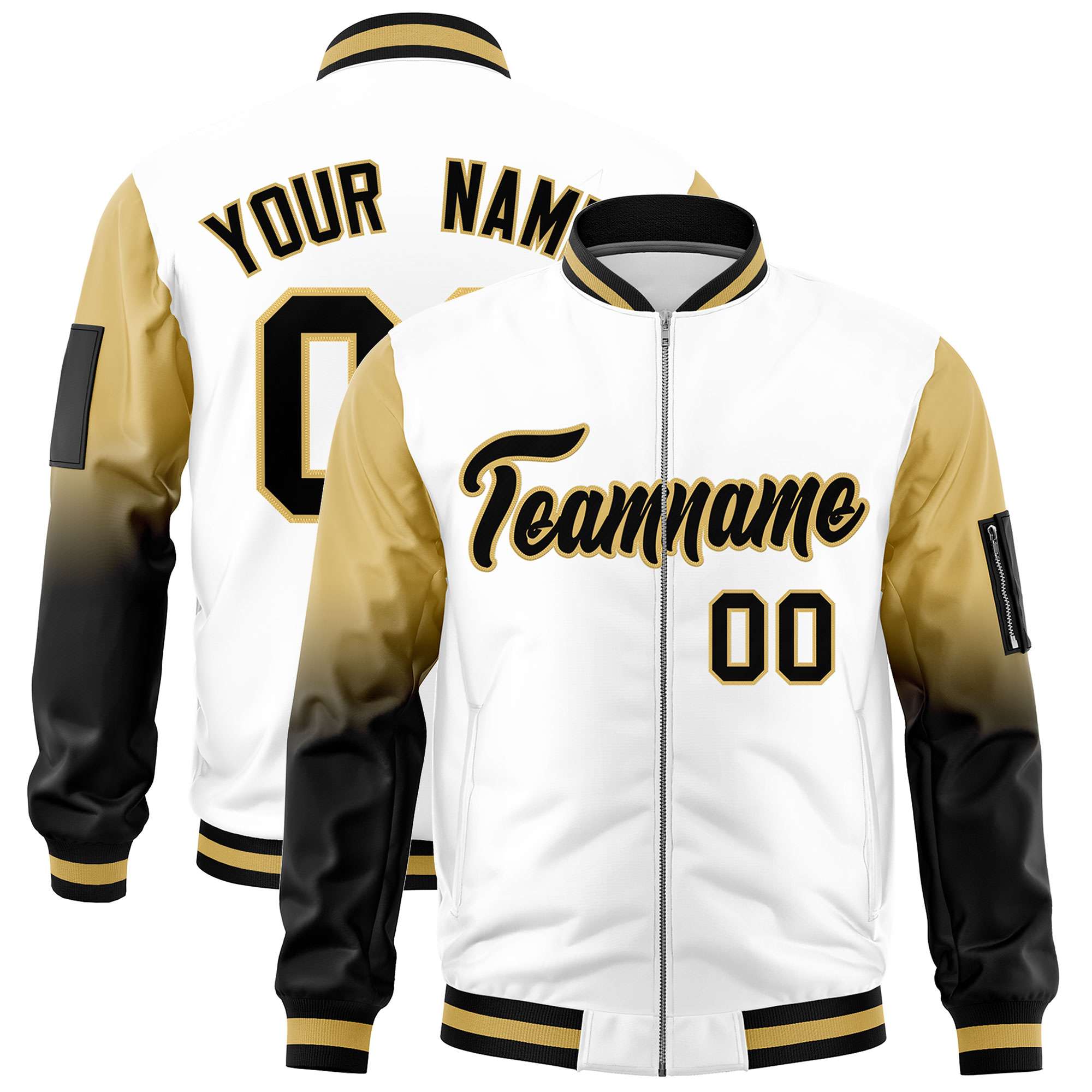 Custom White Old Gold-Black Gaglan Sleeve Gradient Varsity Full-Zip Letterman Bomber Jacket