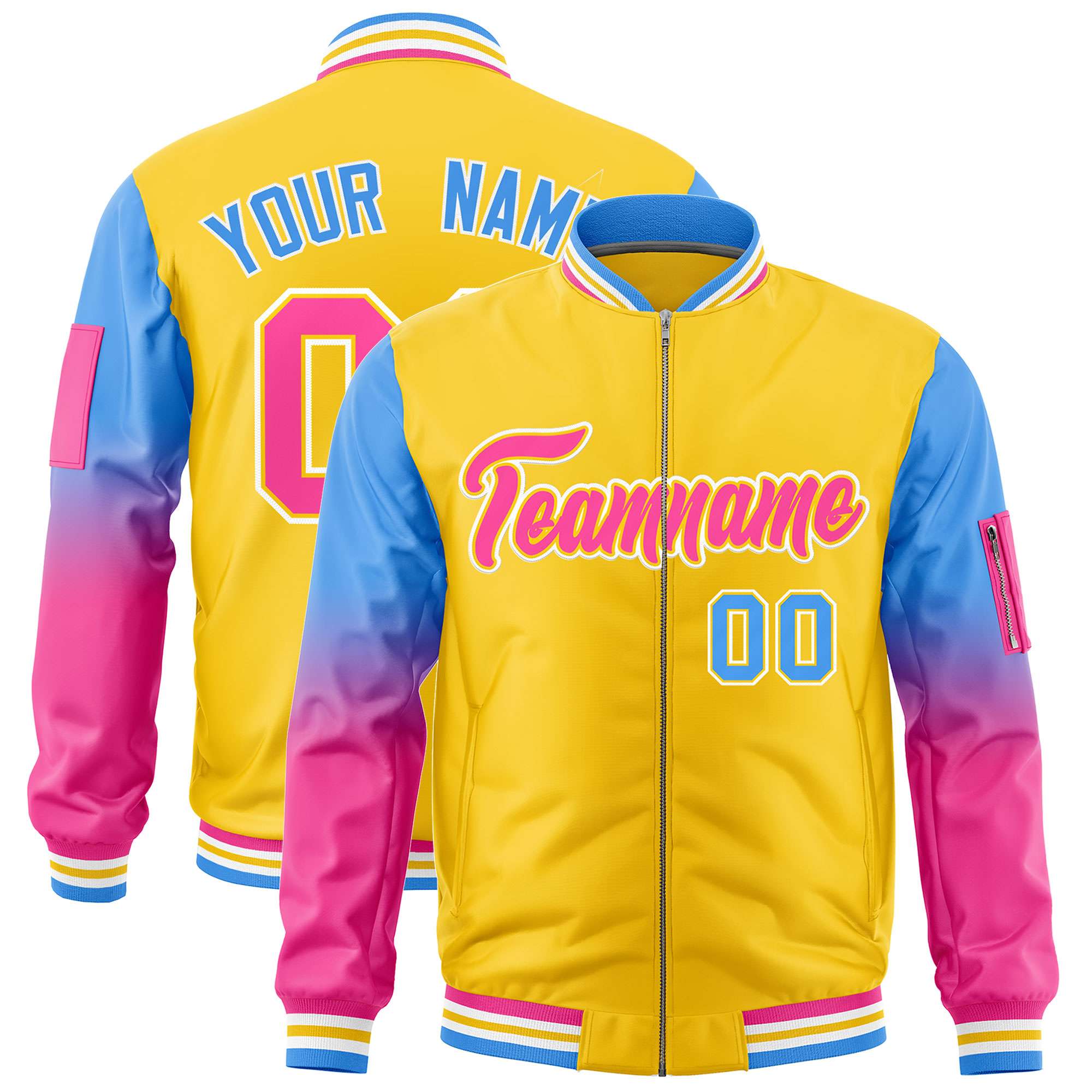 Custom Gold Powder Blue-Pink Gaglan Sleeve Gradient Varsity Full-Zip Letterman Bomber Jacket