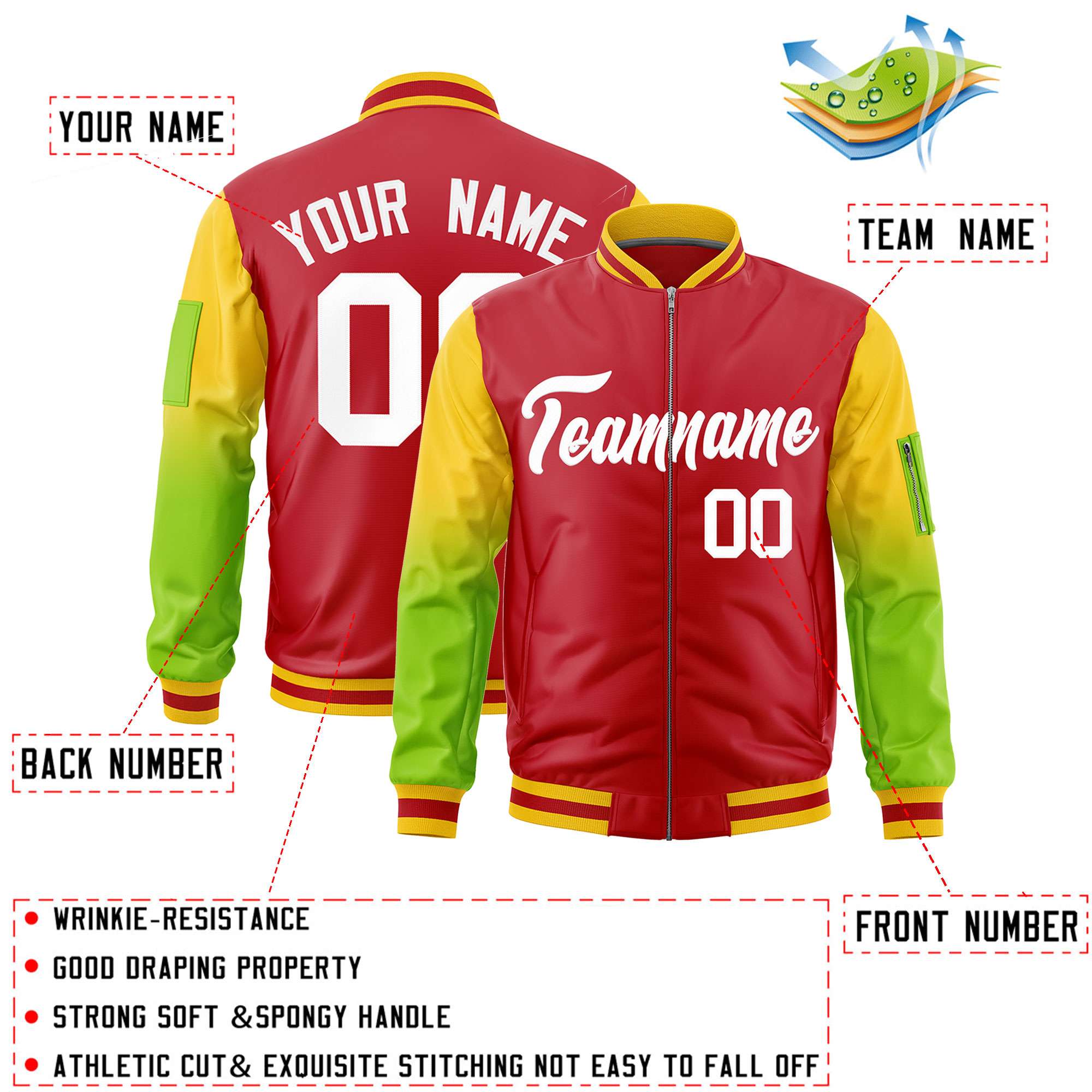 Custom Red Gold-Neon Green Gaglan Sleeve Gradient Varsity Full-Zip Letterman Bomber Jacket