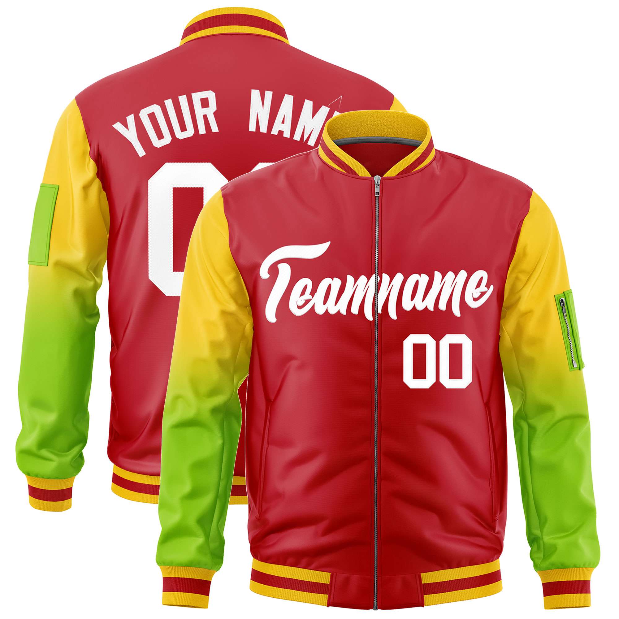 Custom Red Gold-Neon Green Gaglan Sleeve Gradient Varsity Full-Zip Letterman Bomber Jacket