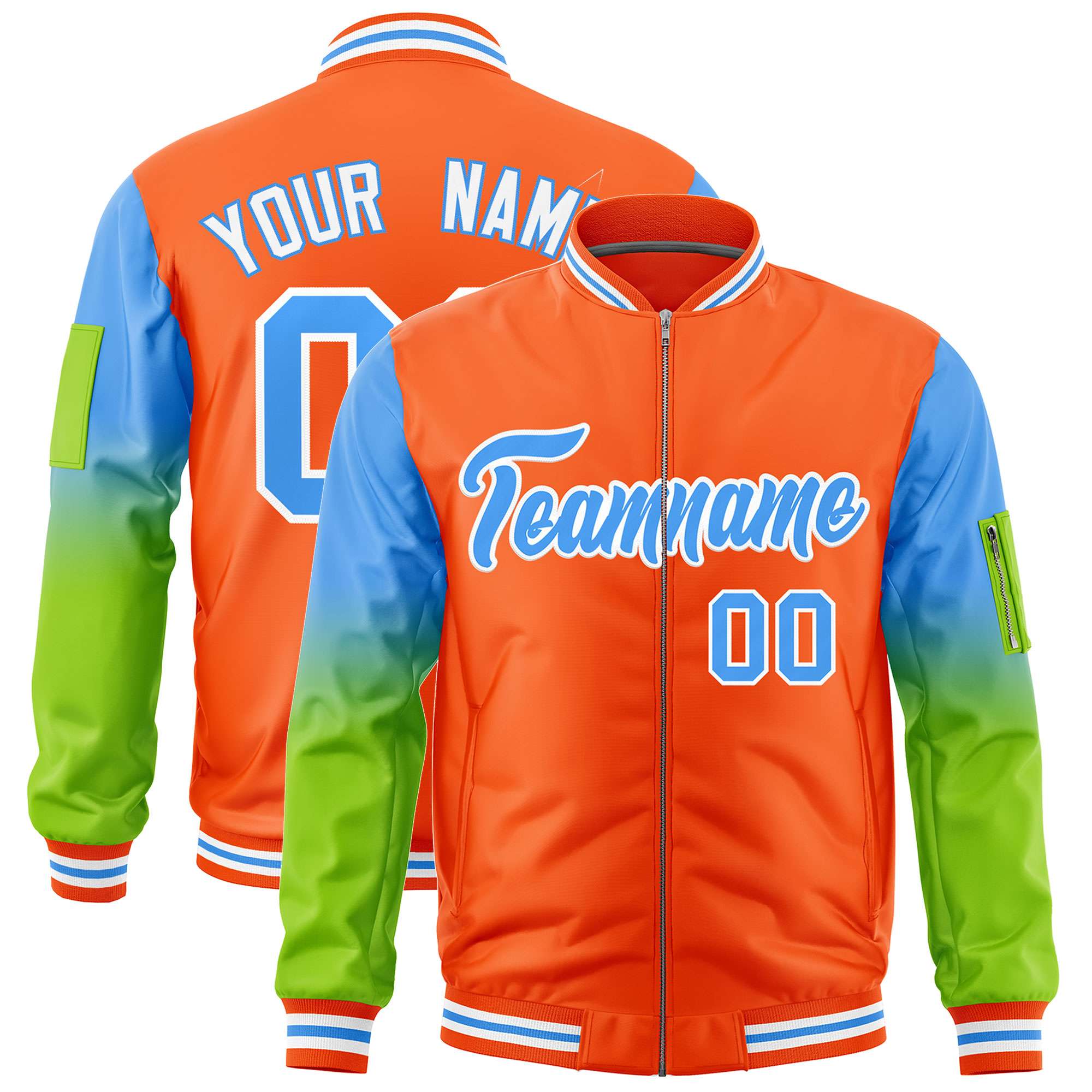 Custom Orange Powder Blue-Neon Green Gaglan Sleeve Gradient Varsity Full-Zip Letterman Bomber Jacket