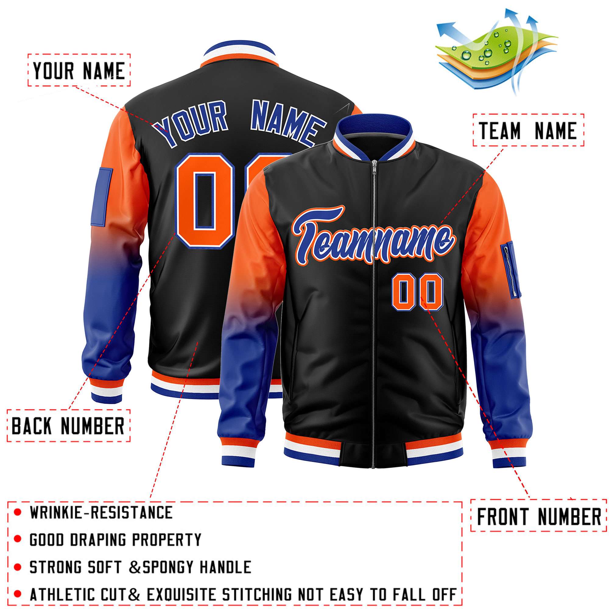 Custom Black Orange-Royal Gaglan Sleeve Gradient Varsity Full-Zip Letterman Bomber Jacket