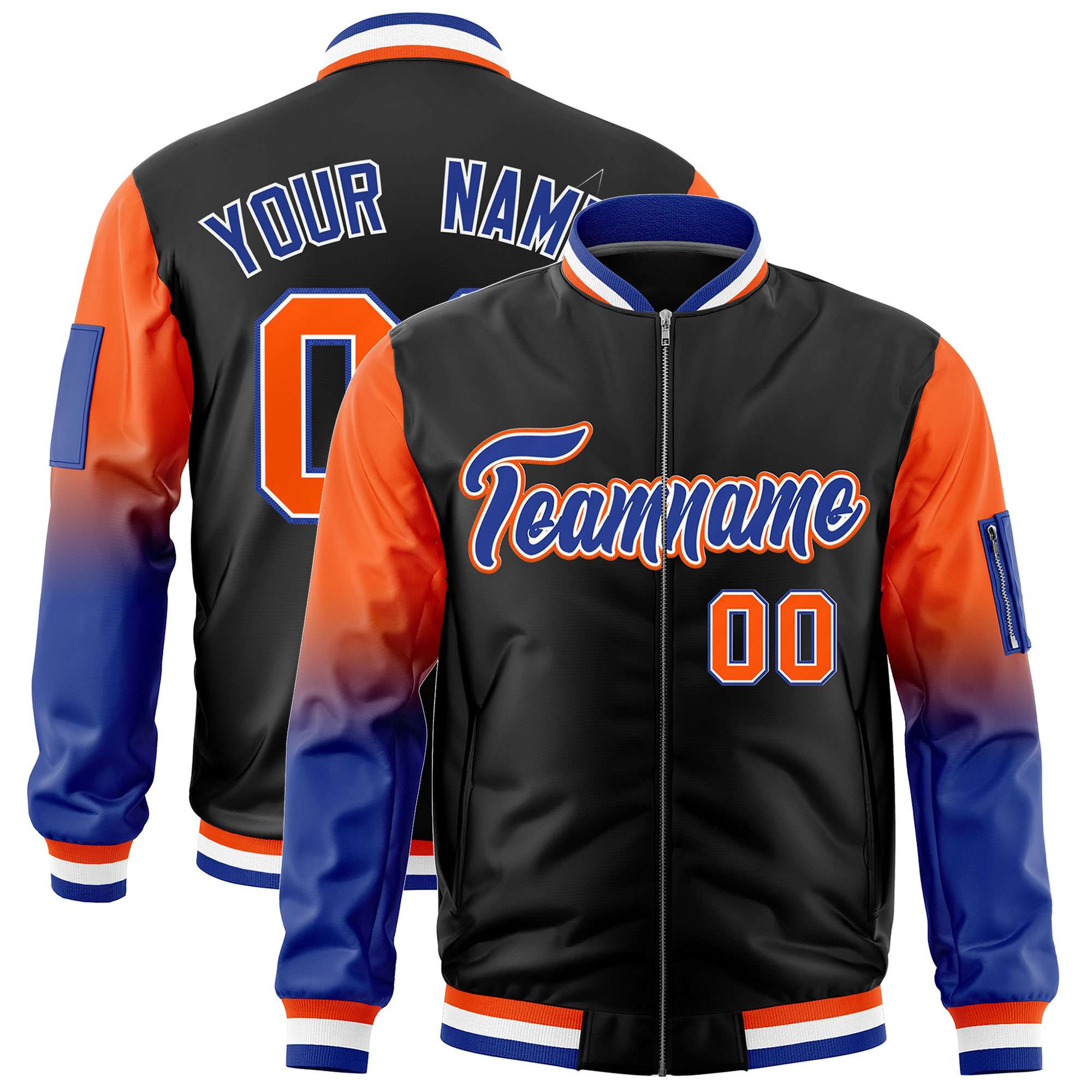 Custom Black Orange-Royal Gaglan Sleeve Gradient Varsity Full-Zip Letterman Bomber Jacket