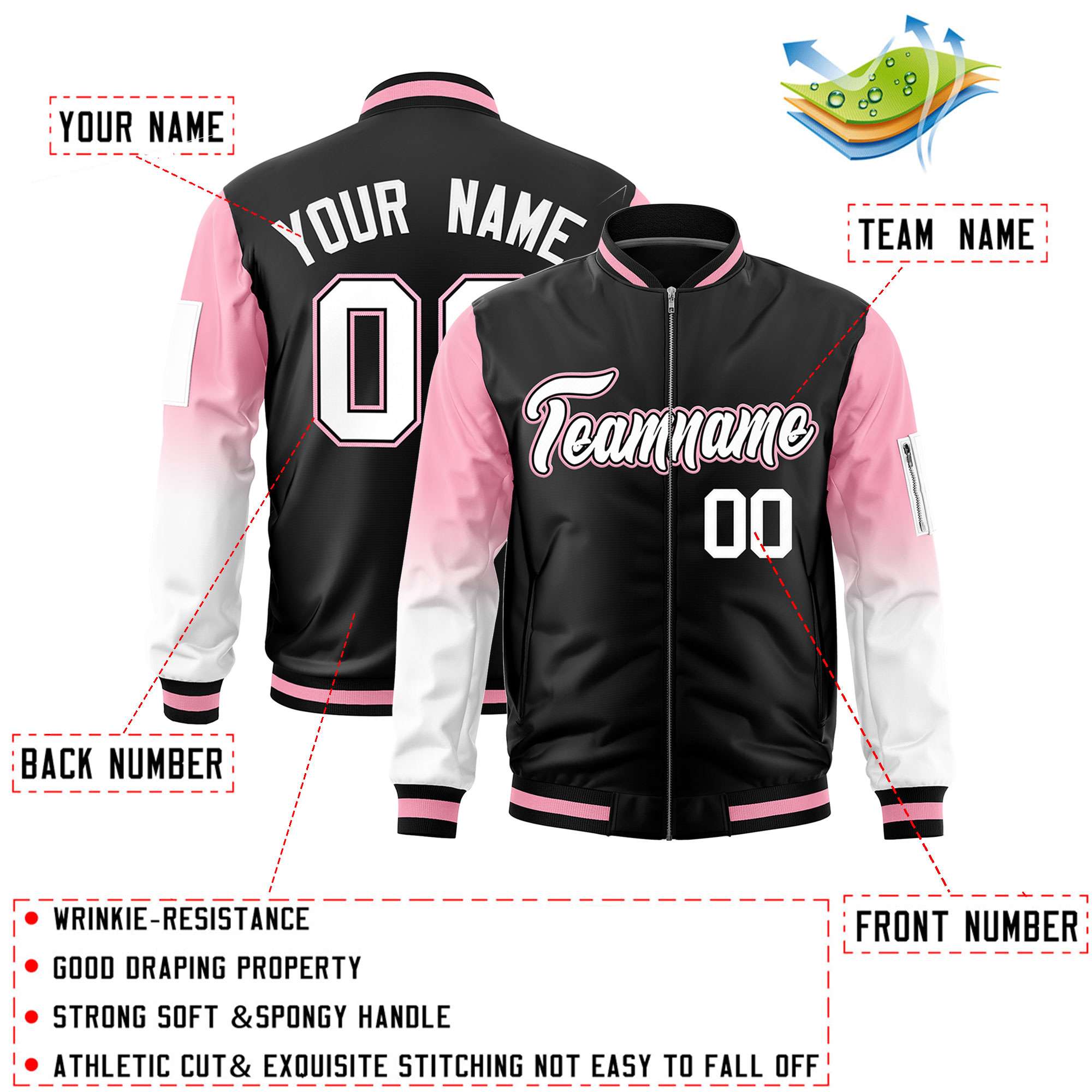 Custom Black Light Pink-White Gaglan Sleeve Gradient Varsity Full-Zip Letterman Bomber Jacket