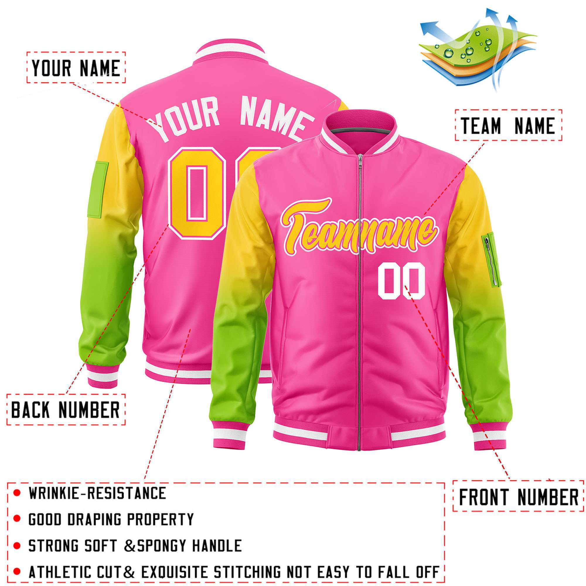 Custom Pink Gold-Neon Green Gaglan Sleeve Gradient Varsity Full-Zip Letterman Bomber Jacket