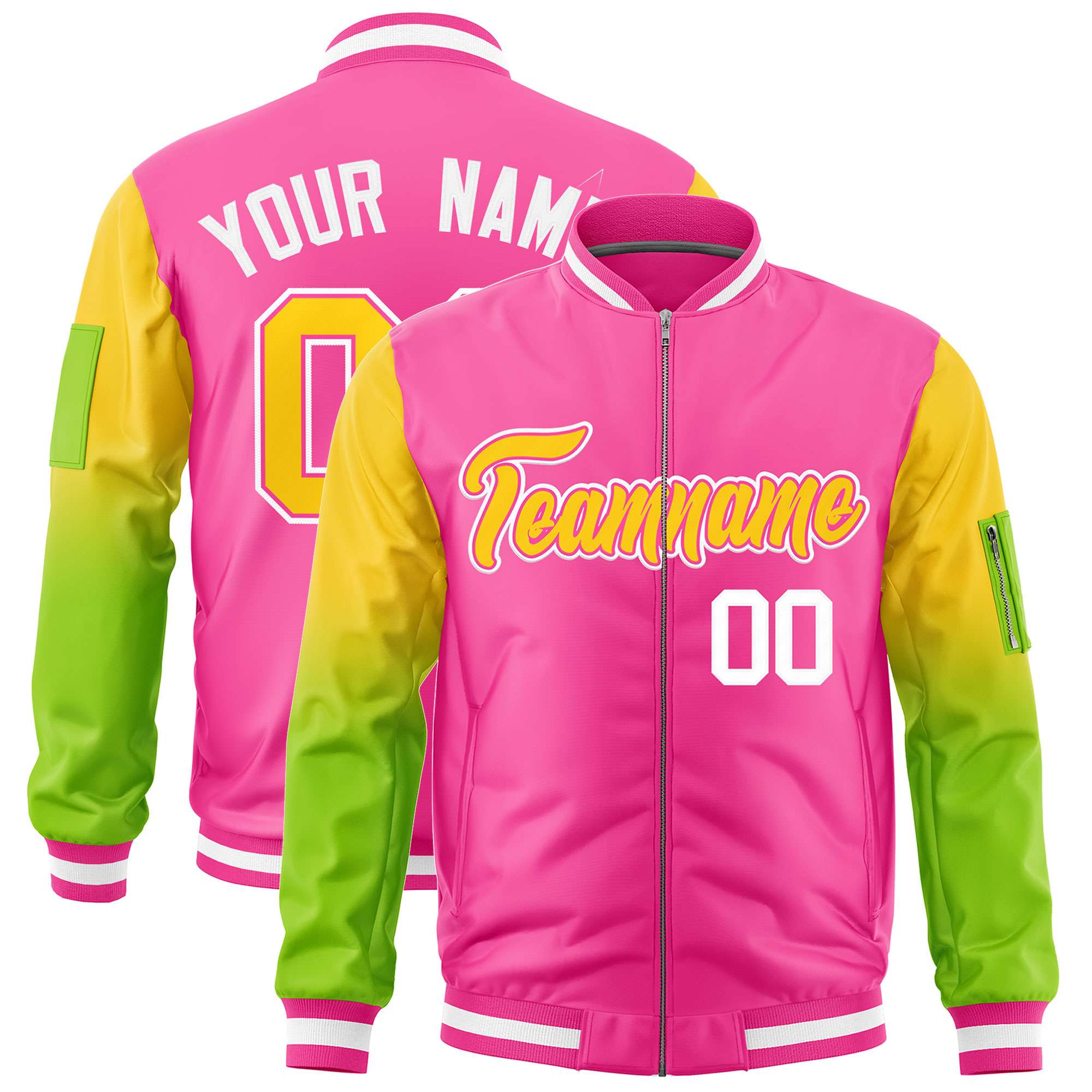 Custom Pink Gold-Neon Green Gaglan Sleeve Gradient Varsity Full-Zip Letterman Bomber Jacket