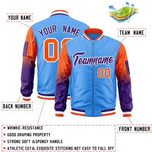 Custom Powder Blue Orange-Purple Gaglan Sleeve Gradient Varsity Full-Zip Letterman Bomber Jacket