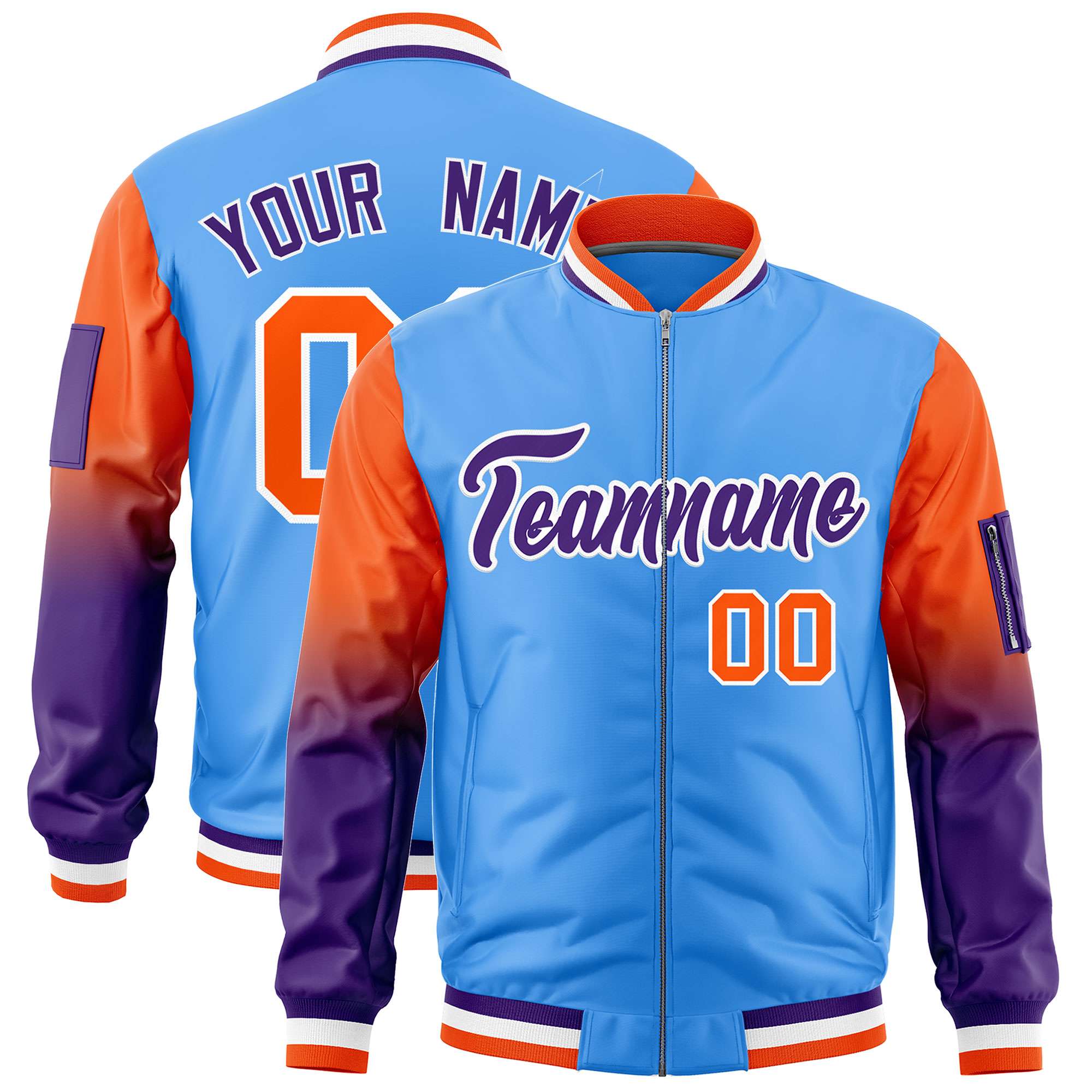 Custom Powder Blue Orange-Purple Gaglan Sleeve Gradient Varsity Full-Zip Letterman Bomber Jacket