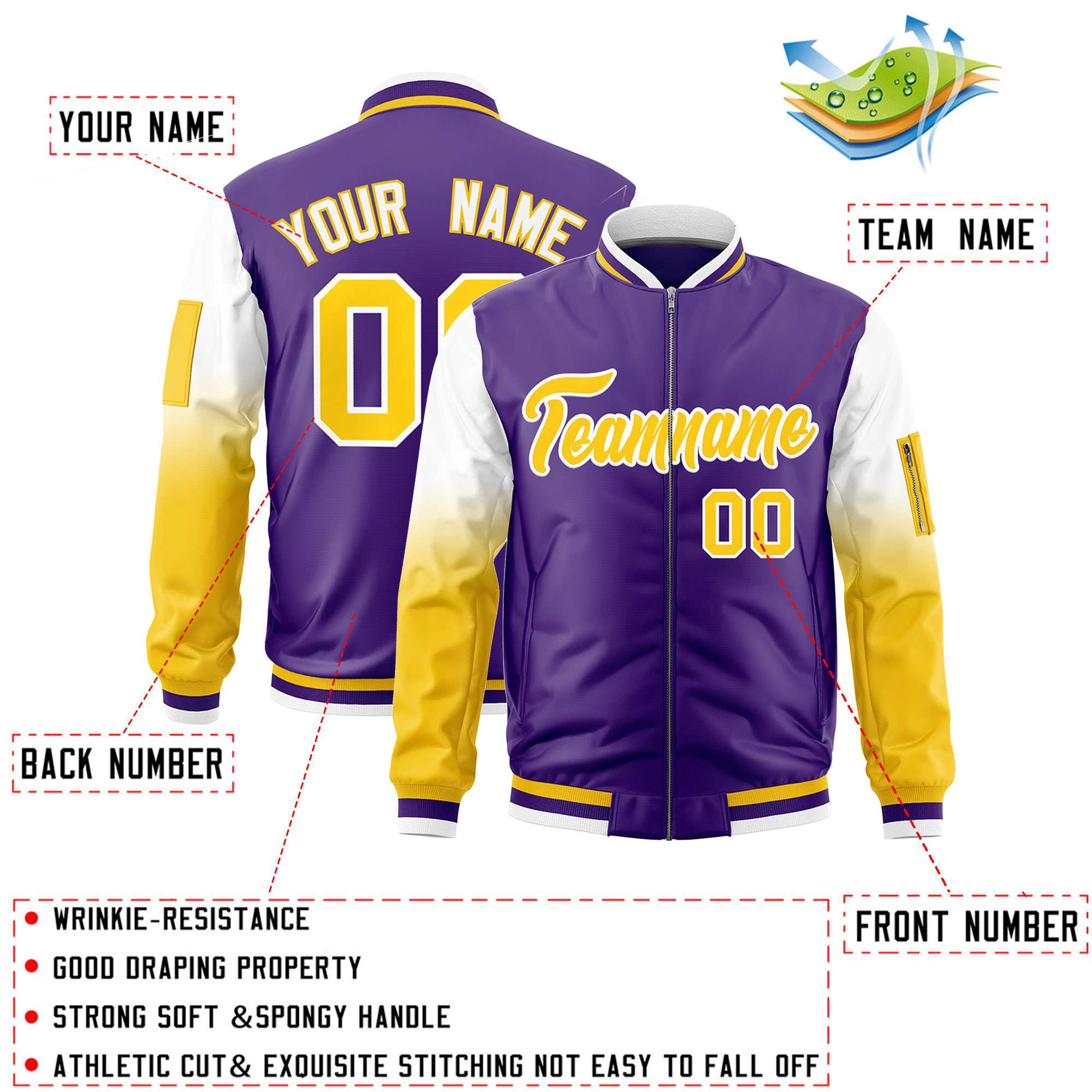 Custom Purple White-Gold Gaglan Sleeve Gradient Varsity Full-Zip Letterman Bomber Jacket