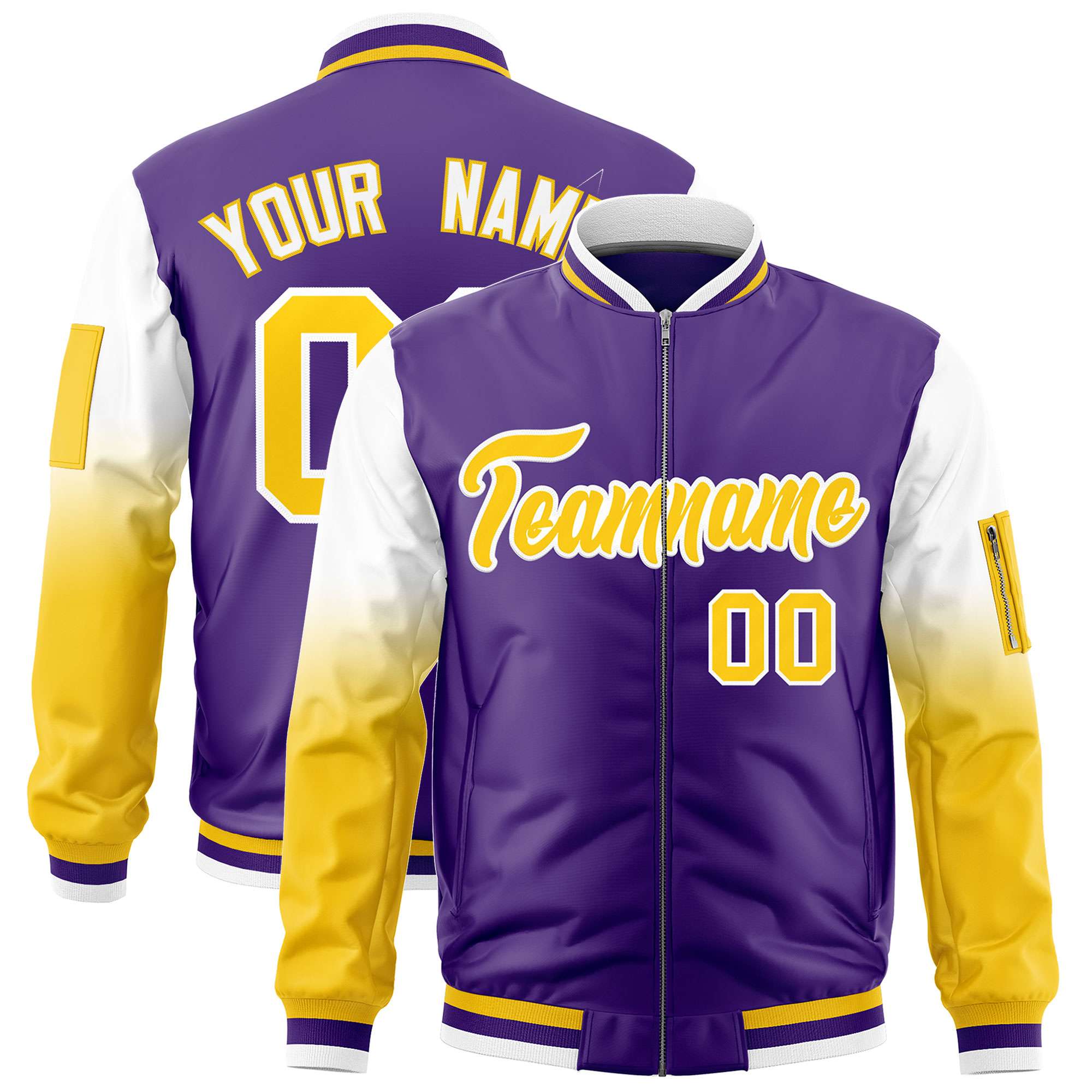 Custom Purple White-Gold Gaglan Sleeve Gradient Varsity Full-Zip Letterman Bomber Jacket