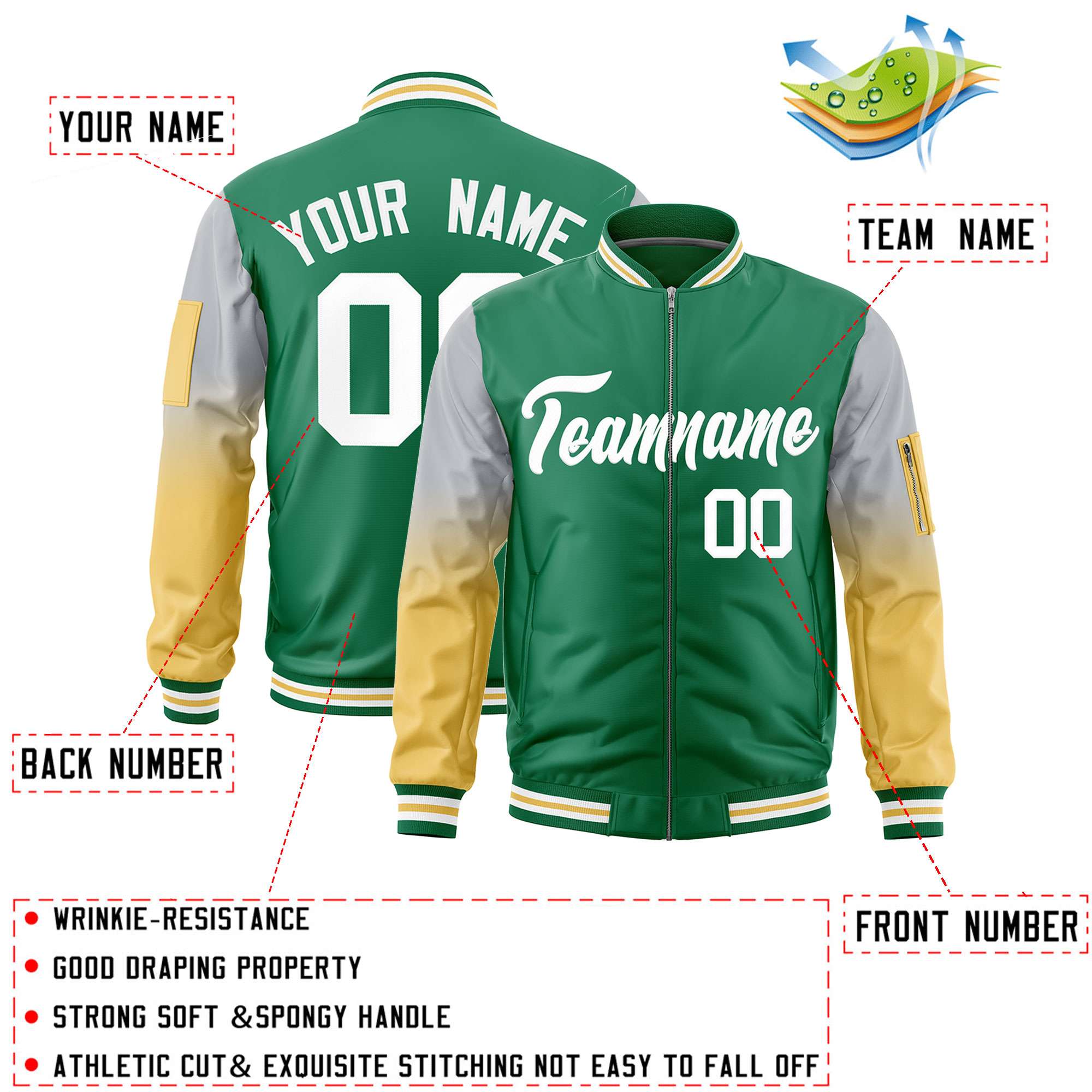 Custom Kelly Green Silver-Old Gold Gaglan Sleeve Gradient Varsity Full-Zip Letterman Bomber Jacket