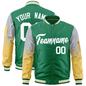 Custom Kelly Green Silver-Old Gold Gaglan Sleeve Gradient Varsity Full-Zip Letterman Bomber Jacket