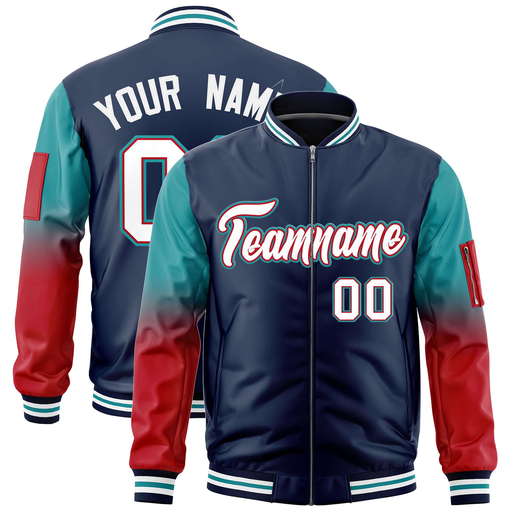 Custom Navy Aqua-Red Gaglan Sleeve Gradient Varsity Full-Zip Letterman Bomber Jacket