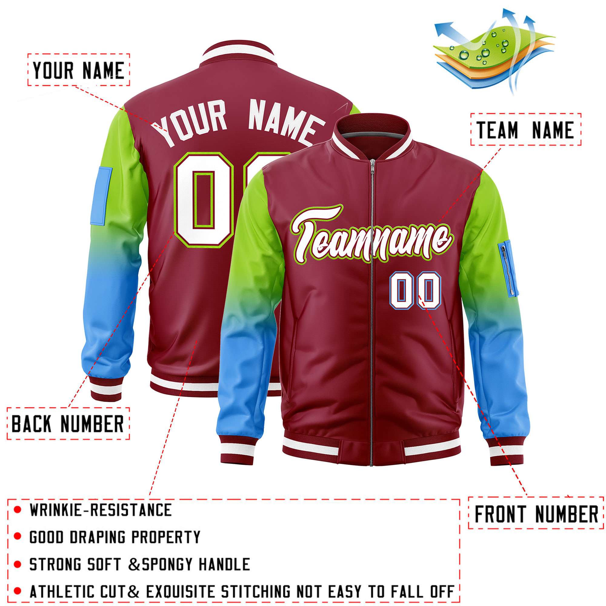 Custom Crimson Neon Green-Powder Blue Gaglan Sleeve Gradient Varsity Full-Zip Letterman Bomber Jacket